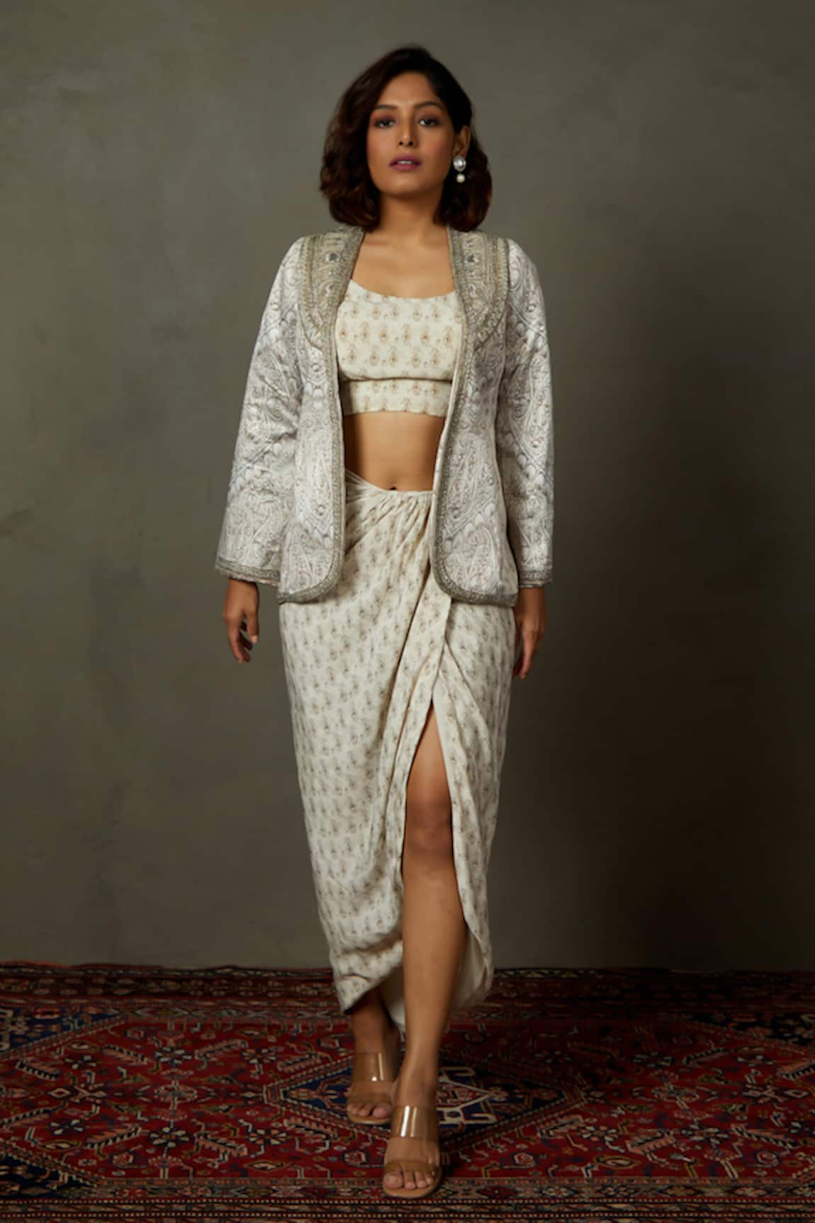 RI.Ritu Kumar Vedam Embroidered Jacket Draped Skirt Set