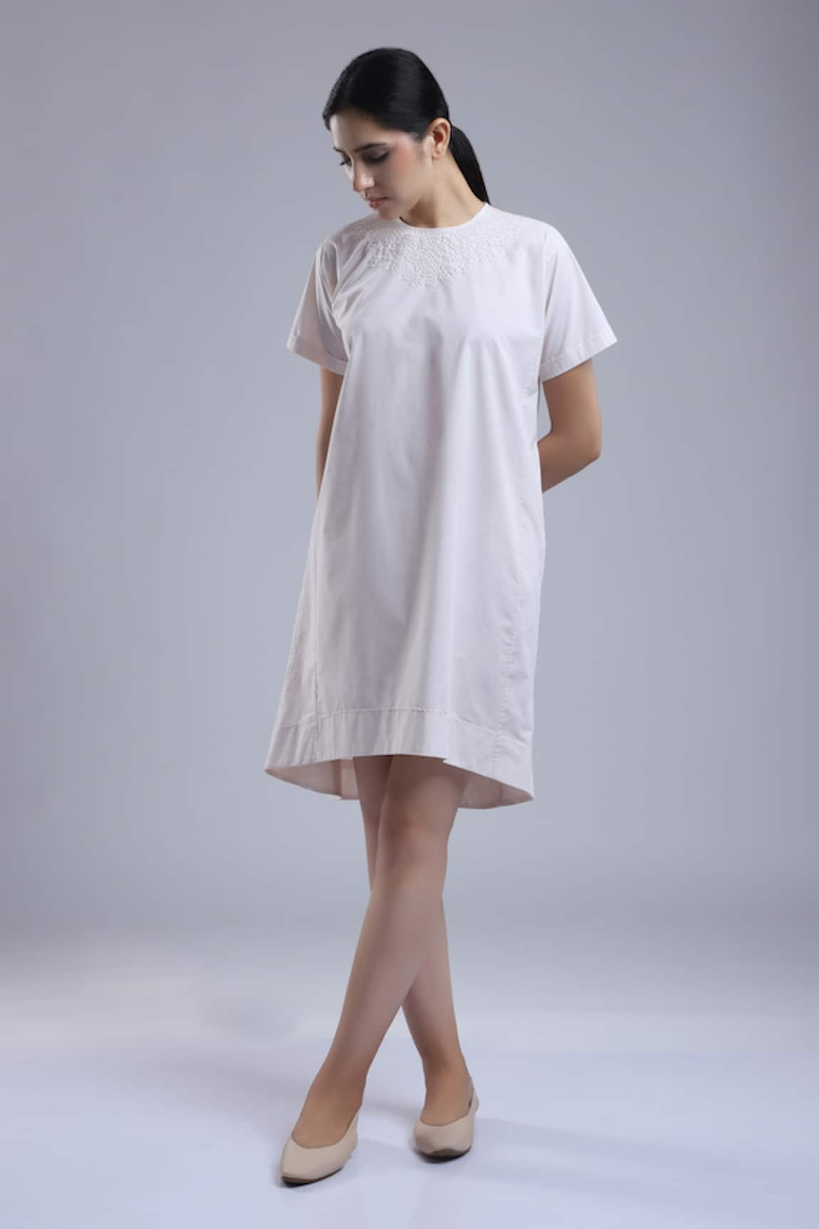 DHI Cotton Embroidered Neck T-shirt Dress