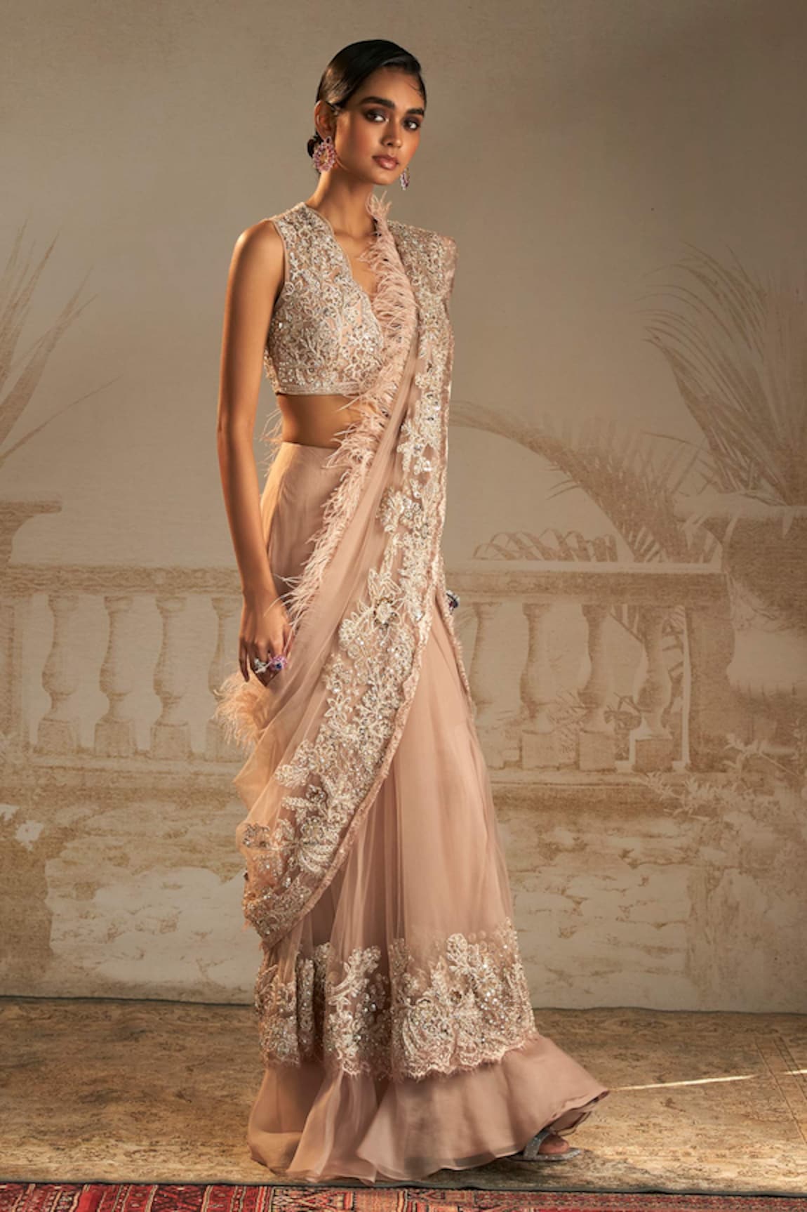 Ridhi Mehra Pakeeza Feather Embellished Pre-Draped Saree With Blouse