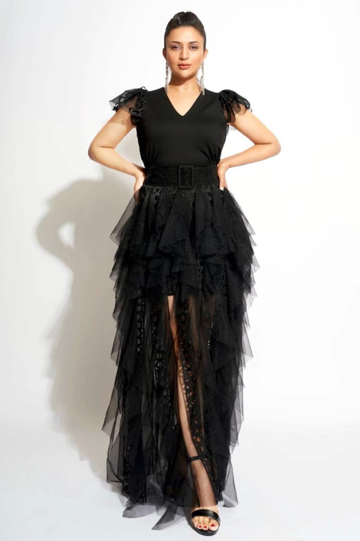Deepika Arora Ruffle Panelled V neck Dress 