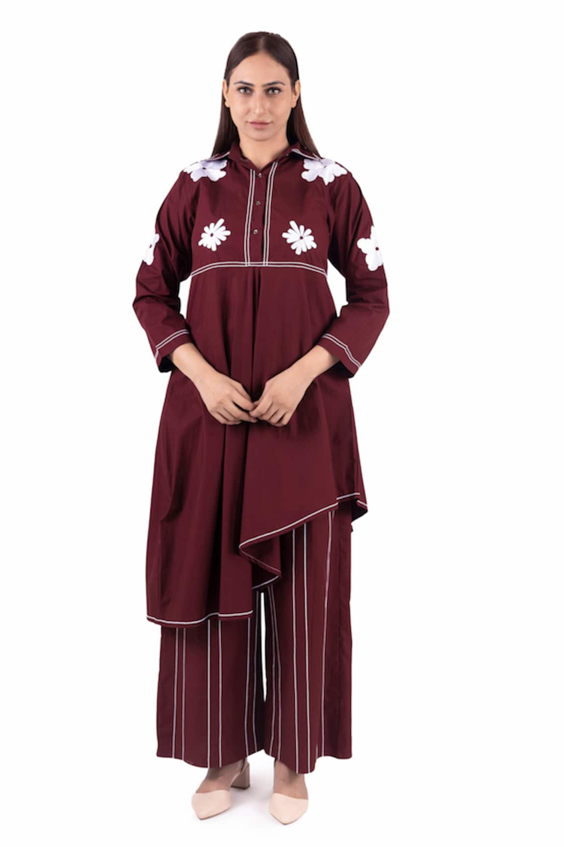 KHAT Floral Embroidered Kurta & Broad Leg Pant Set