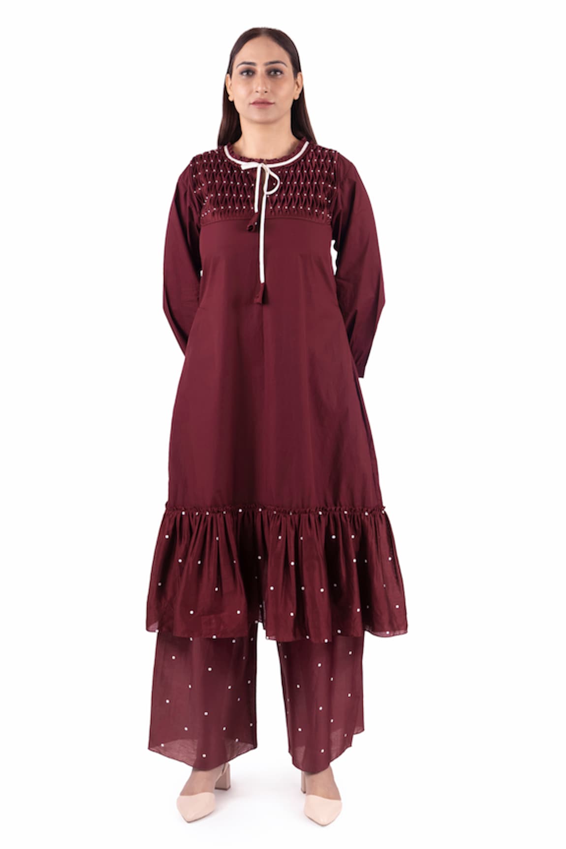 KHAT Geometric Smocked Yoke Kurta & Pant Set