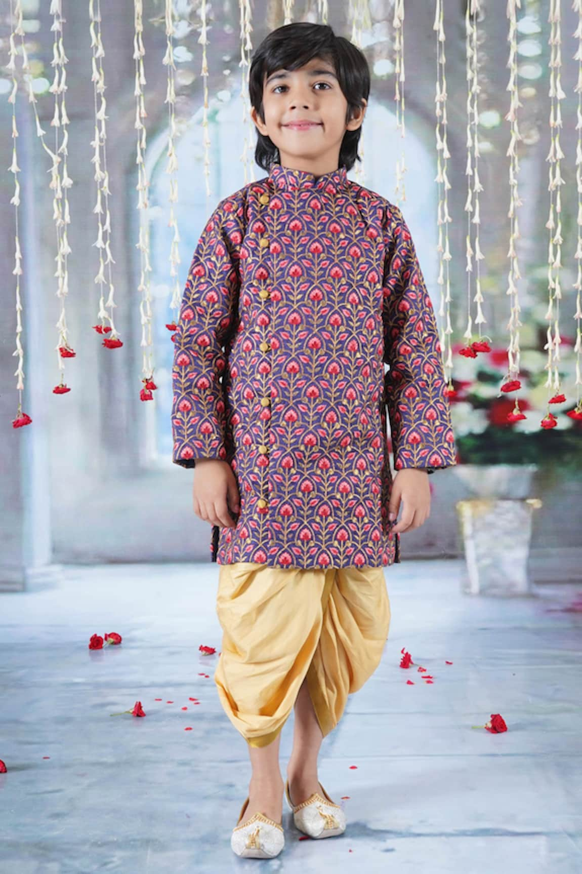 Little Bansi Bageecha Floral Thread Work Angarkha Sherwani Dhoti Set