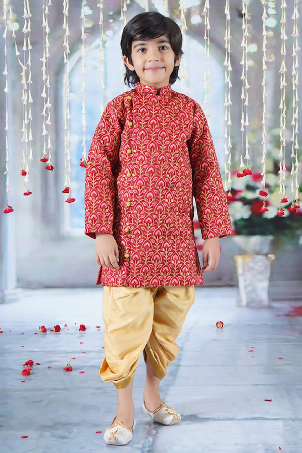 Little Bansi Bageecha Floral Thread Work Angarkha Sherwani Set