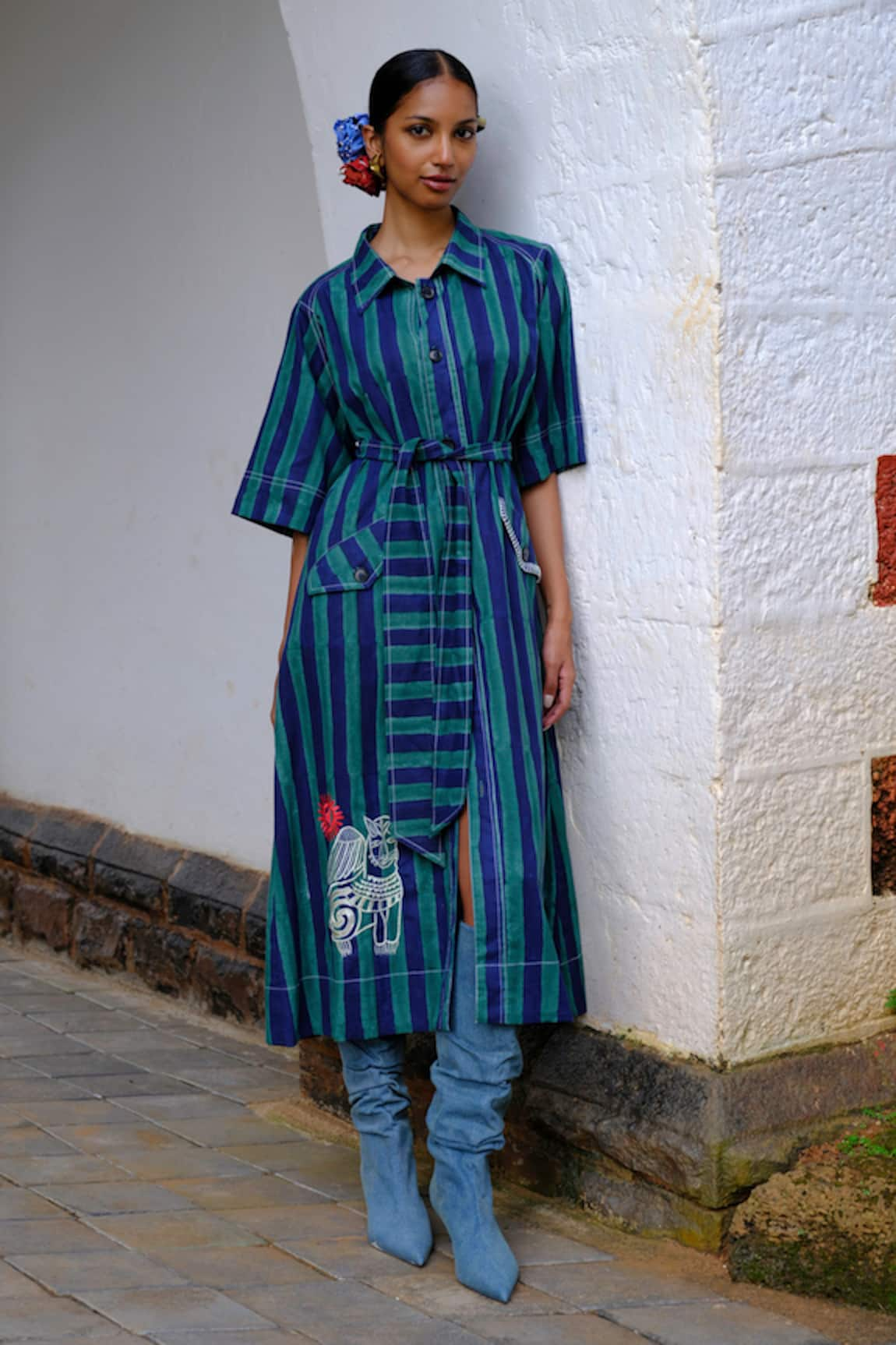 Jodi Stripe Pattern Shirt Dress With A Detachable Belt