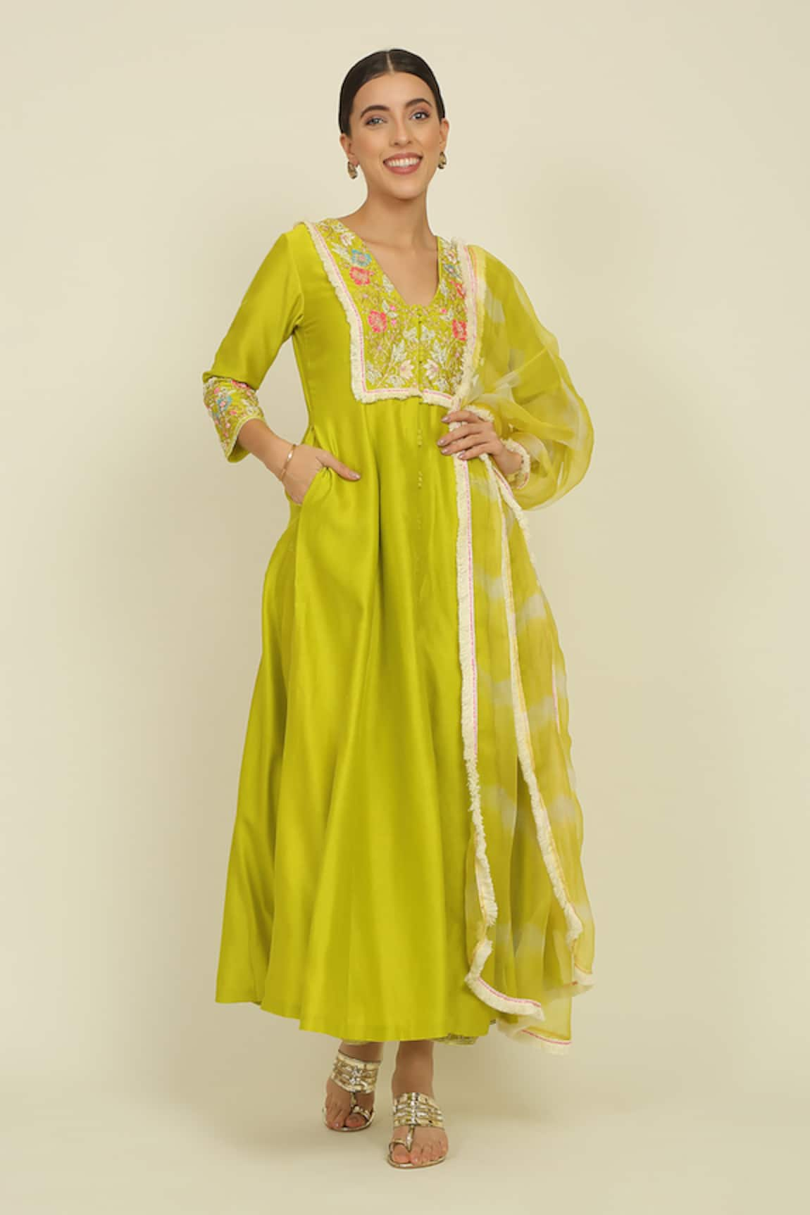 Priyanka Jain Chanderi Floral Embroidered Kurta Palazzo Set