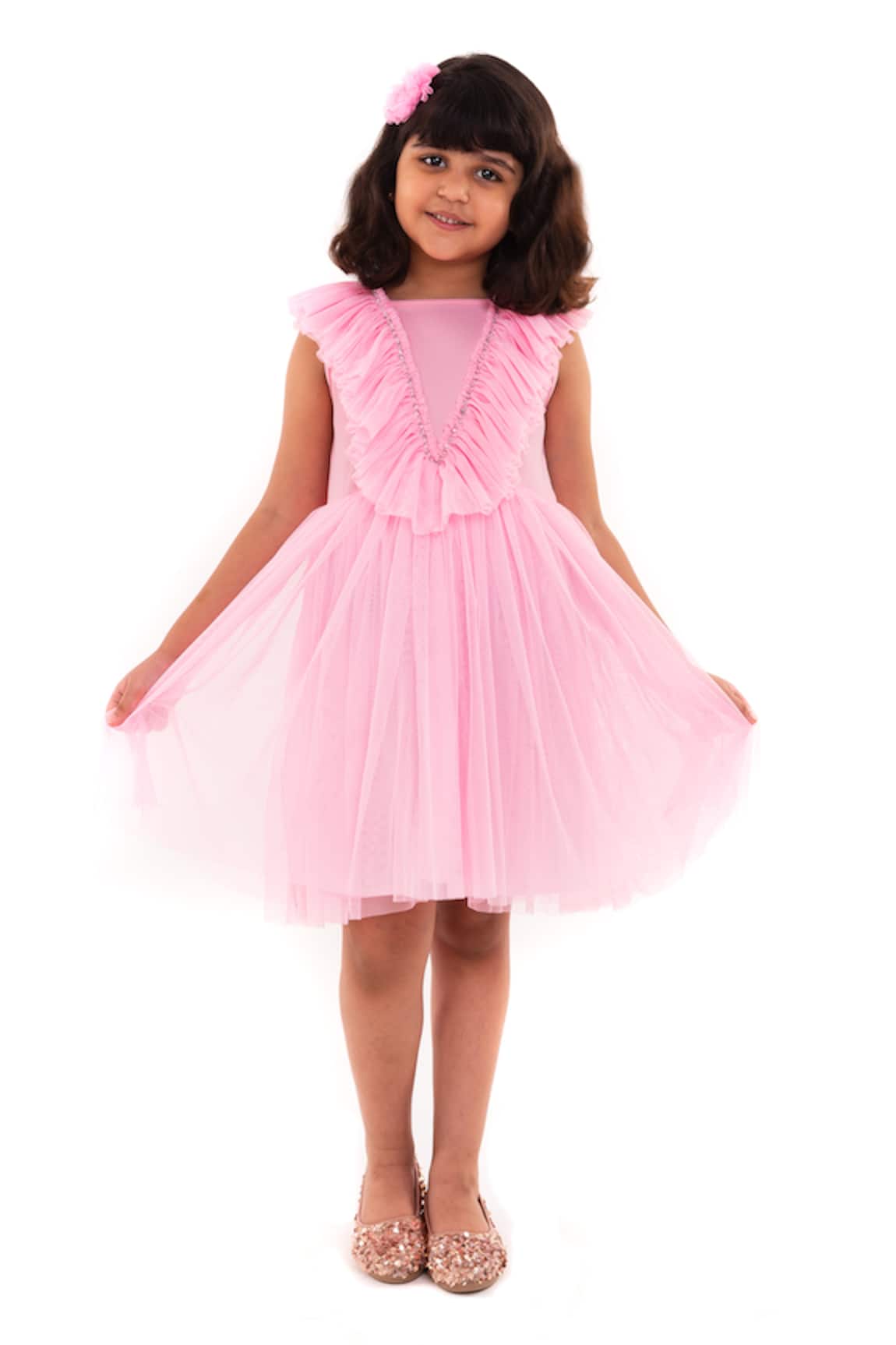A Little Fable Strawberry Cheesecake Frilled Sequin Embroidered Dress
