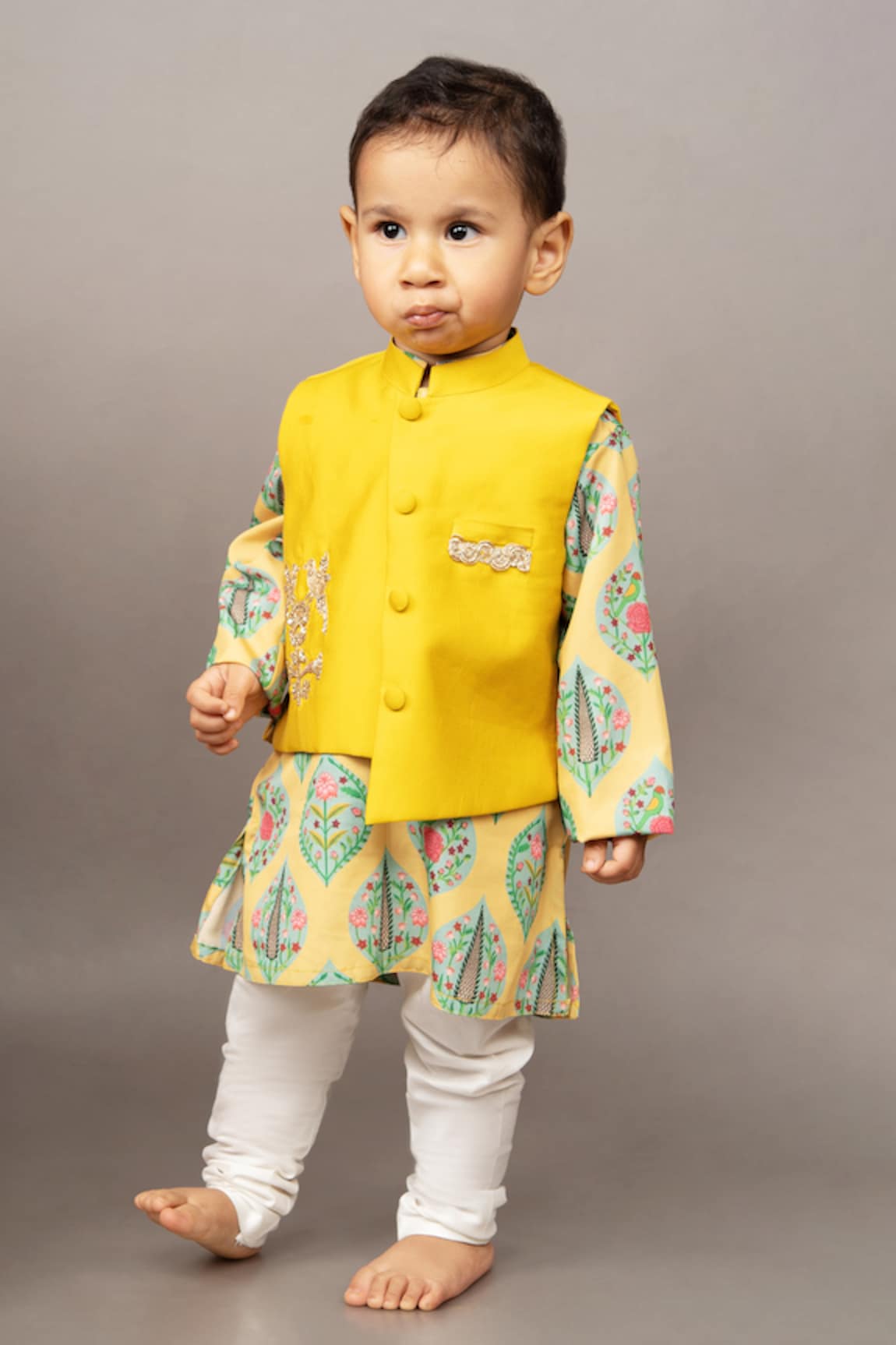 Little Brats Floral Pattern Bundi Jacket & Kurta Set