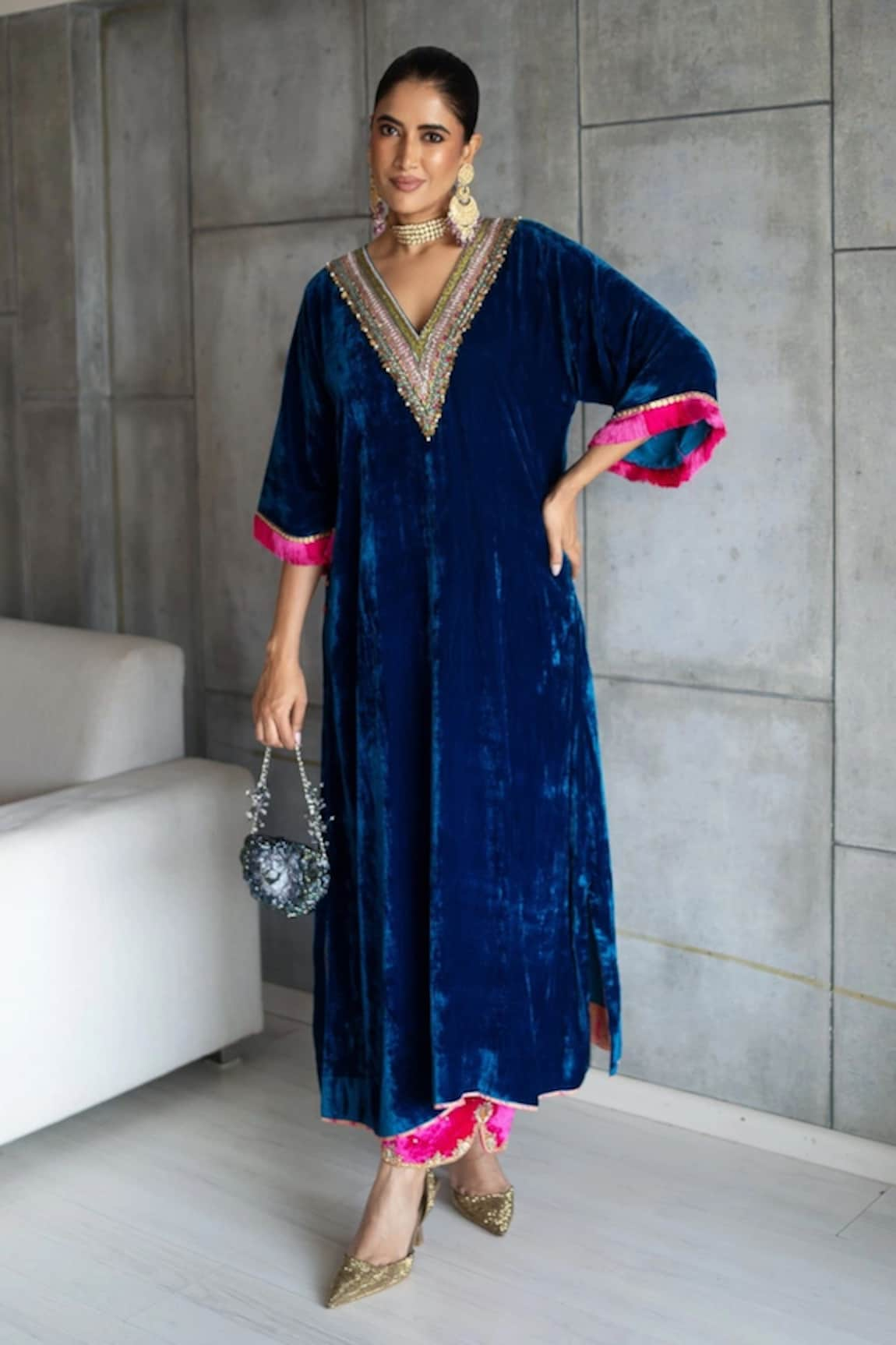 Rajiramniq Embroidered Yoke Kaftan & Palazzo Set