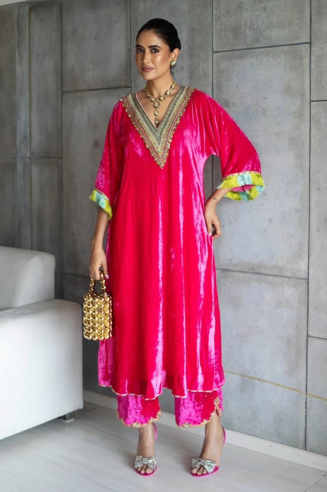 Rajiramniq Resham Embroidered Yoke Kaftan With Palazzo