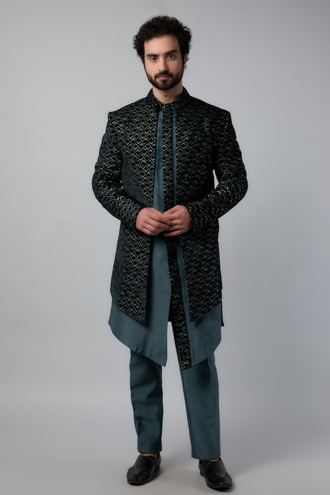 Nero by Shaifali and Satya Velvet Geometric Pattern Open Jacket Trouser Set