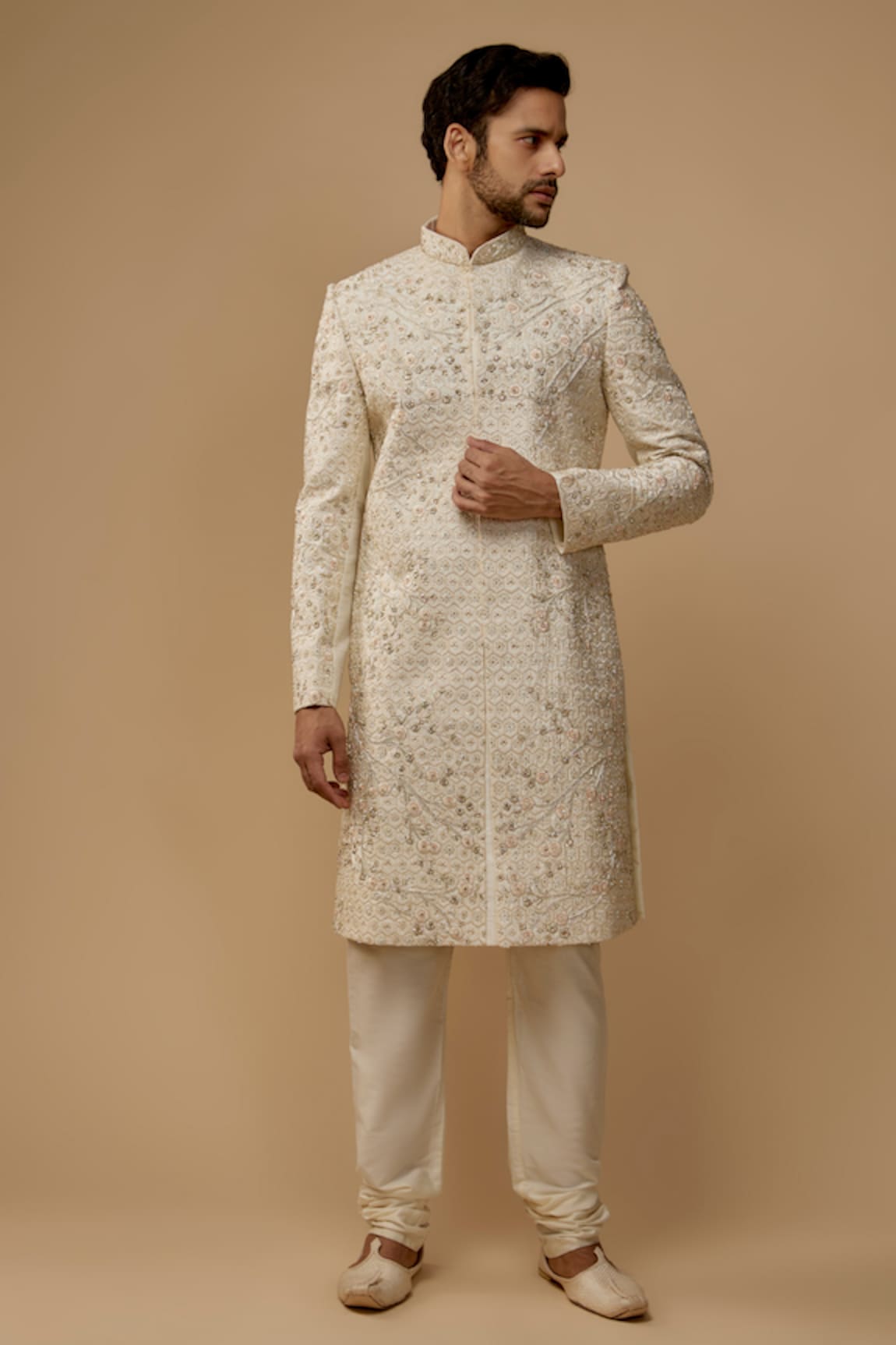 Nero by Shaifali and Satya Floral Zari Embroidered Silk Sherwani Set