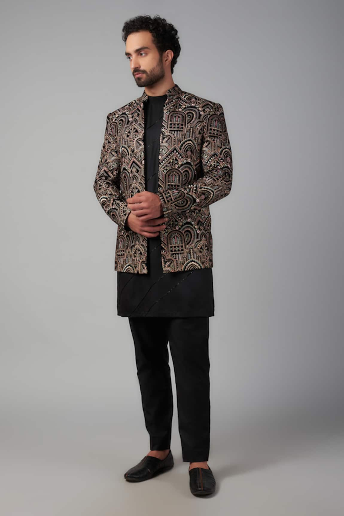 Nero by Shaifali and Satya Thread Embroidered Silk Jacket Kurta Set