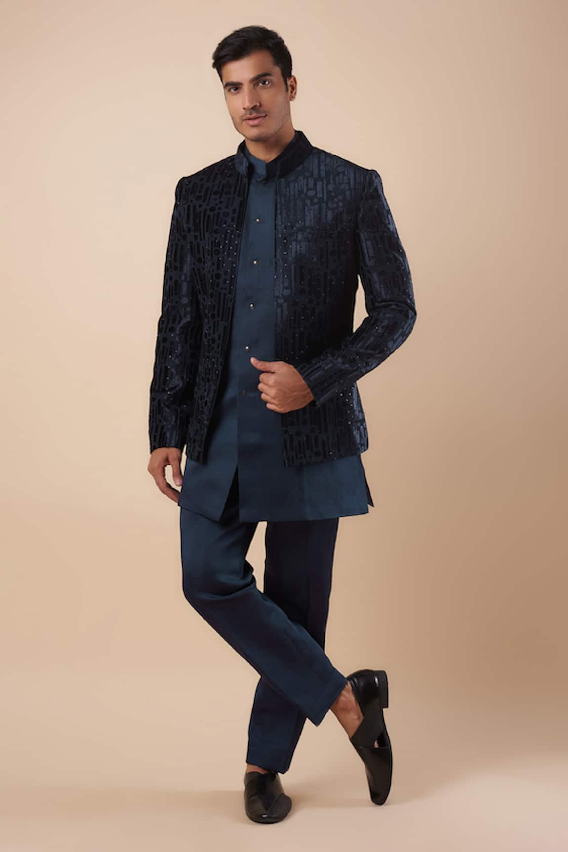 Nero by Shaifali and Satya Embroidered Velvet Jacket Kurta Set