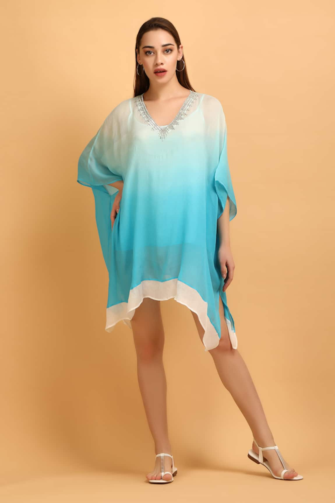 LABEL IVISH Shaded Embellished Neck Kaftan With Inner Slip