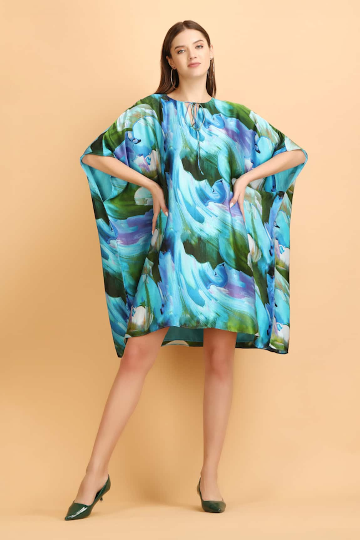 LABEL IVISH Bluebell Print Tie-Up Neck Satin Kaftan