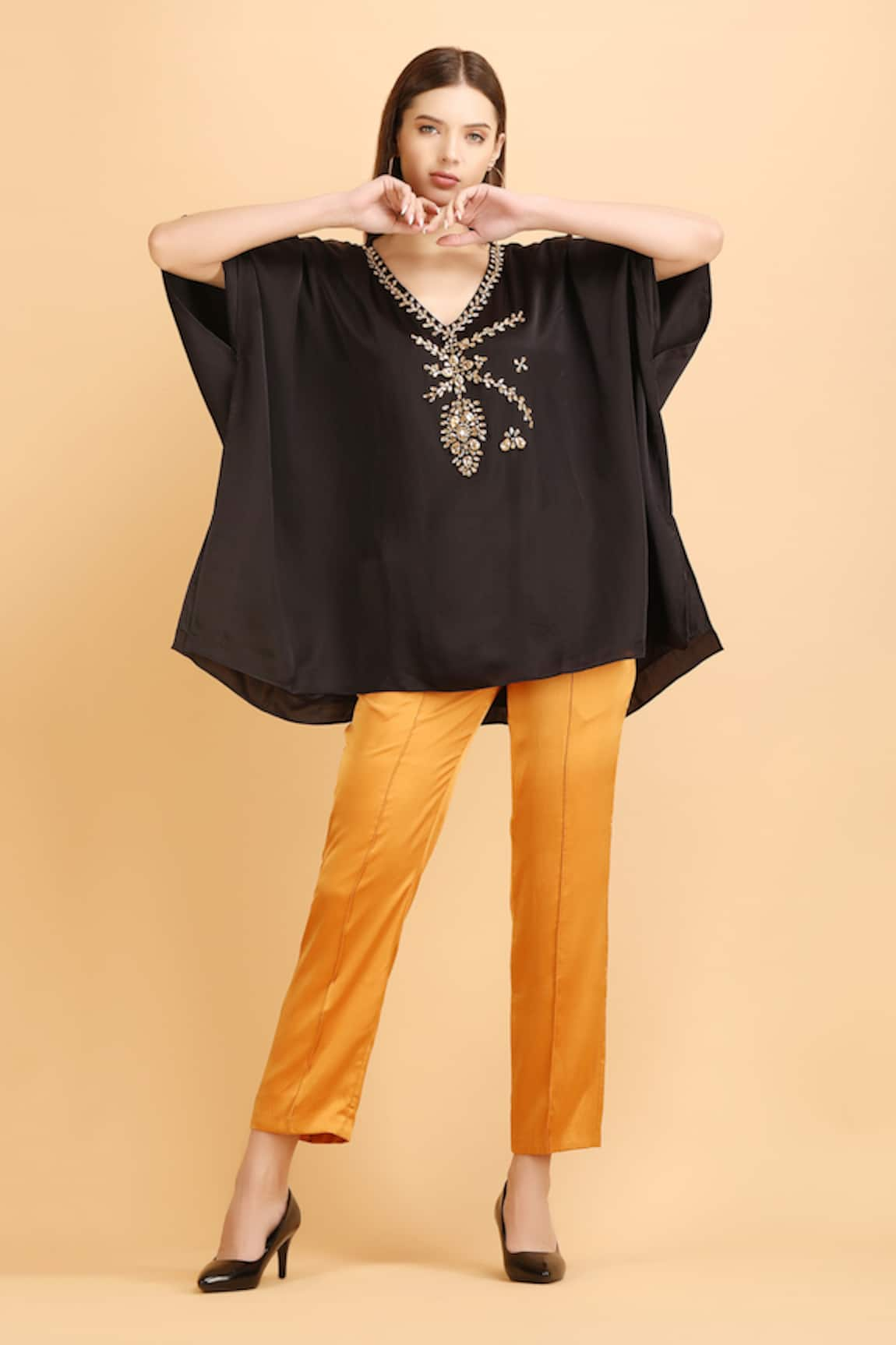 LABEL IVISH Rhinestone Embellished Neckline Kaftan With Trouser