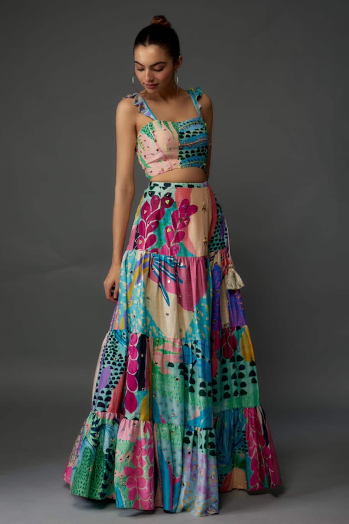 Payal Singhal Abstract Print Tiered Lehenga With Bustier