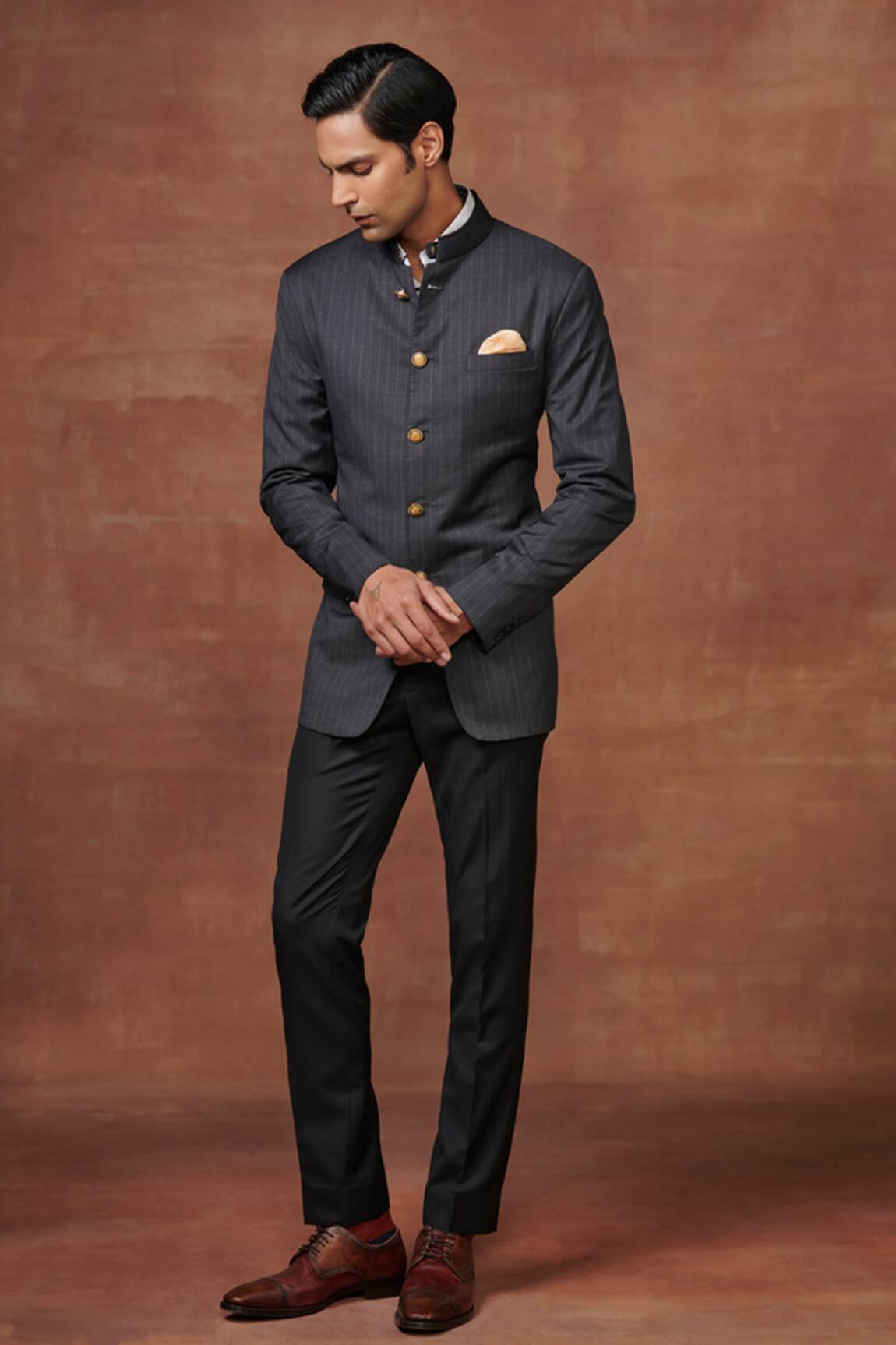 Raghavendra Rathore Jodhpur Noir Stripe Pattern Bandhgala With Pant