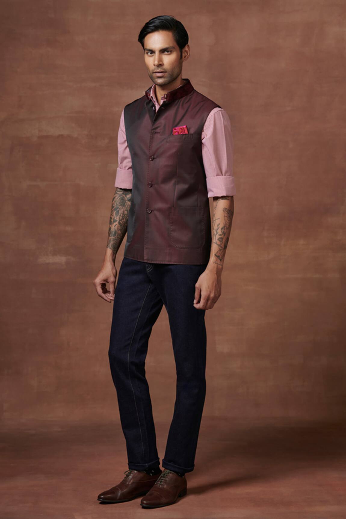 Raghavendra Rathore Jodhpur Bordeaux Dual Toned Waistcoat 