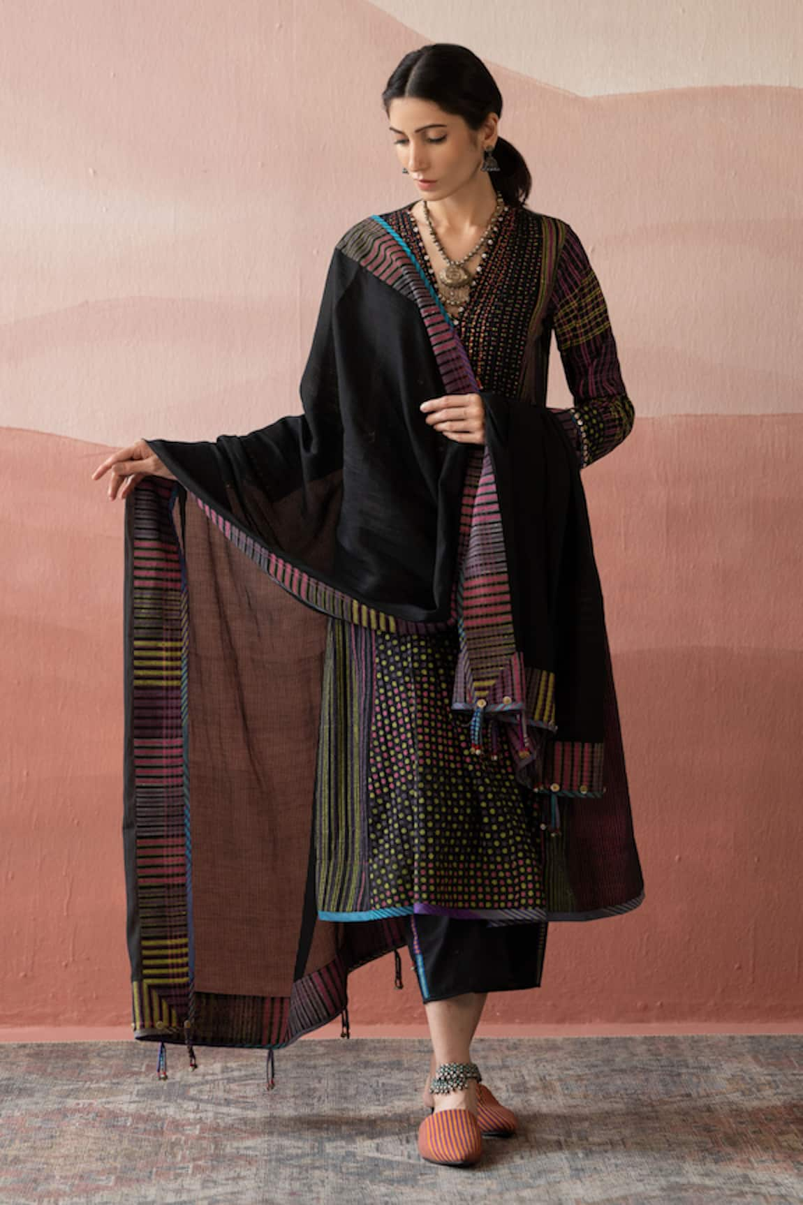 Swatti Kapoor Moke Stripe Border Woven Dupatta