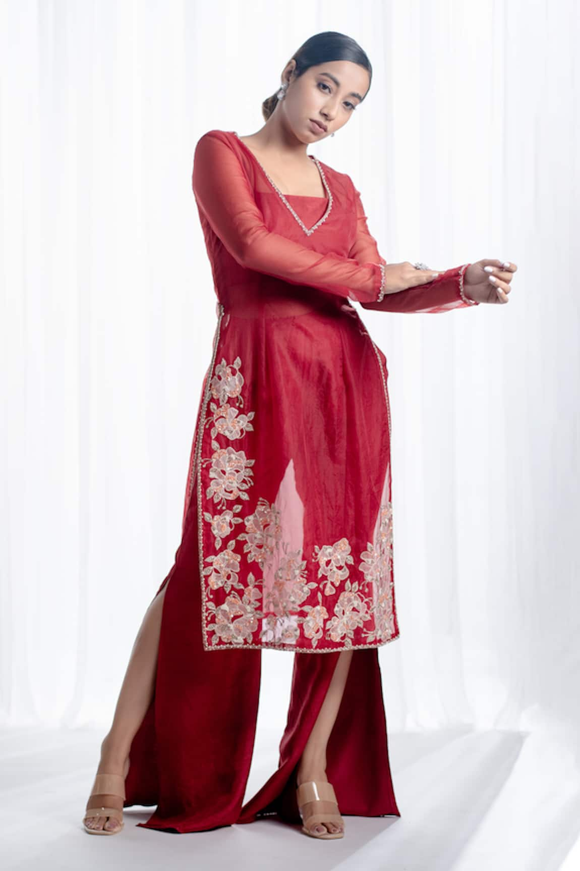 Harshita Jain Sola Silk Organza Floral Embroidered Kurta Flared Pant Set