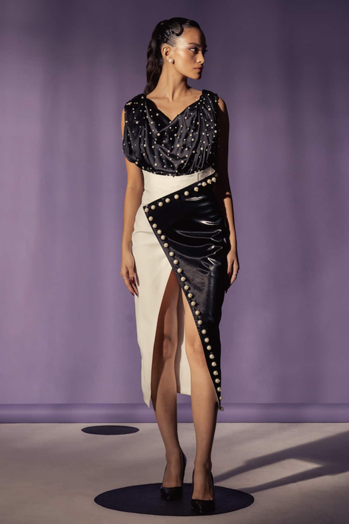 Sameer Madan Black Pearl Embroidered Cowl Neck Bodysuit 