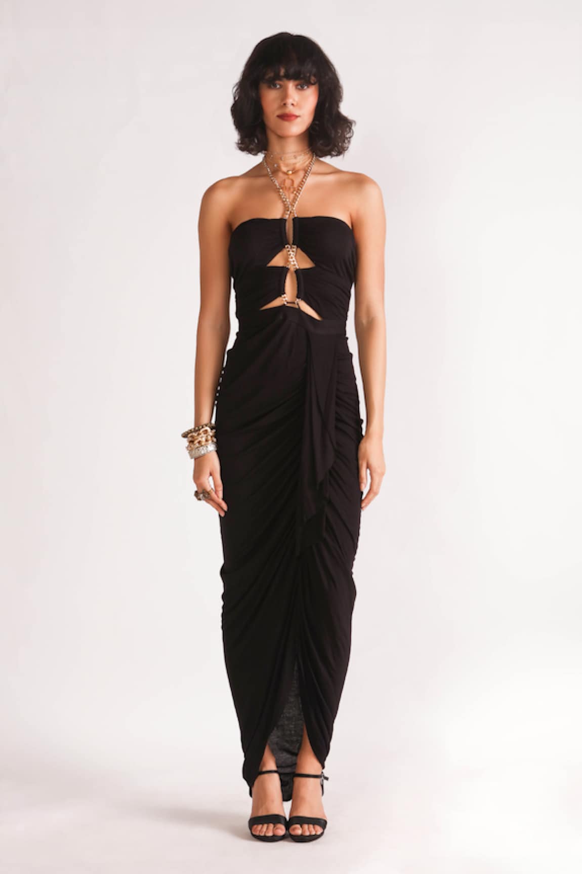 House of Three Titania Halter Chain Neck Draped Dress