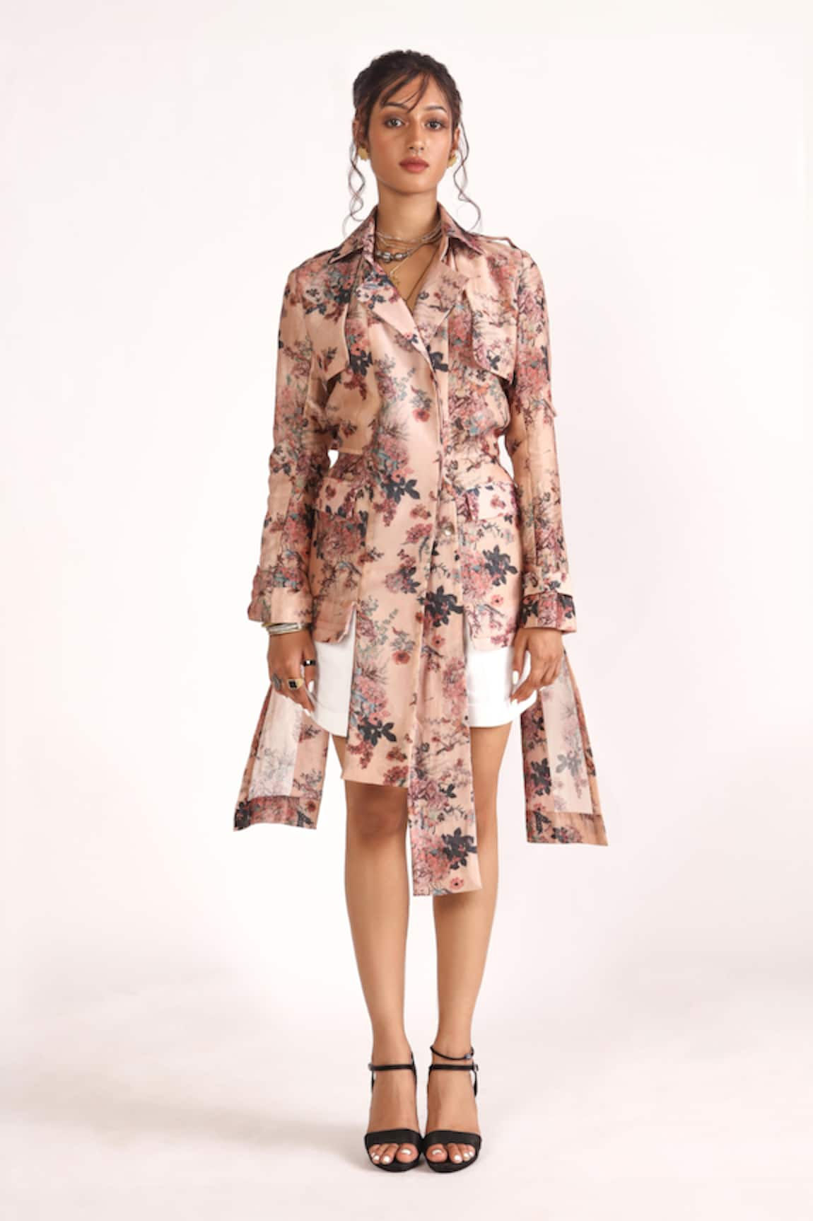 House of Three Avi Floral Print Detachable Panel Trench Coat