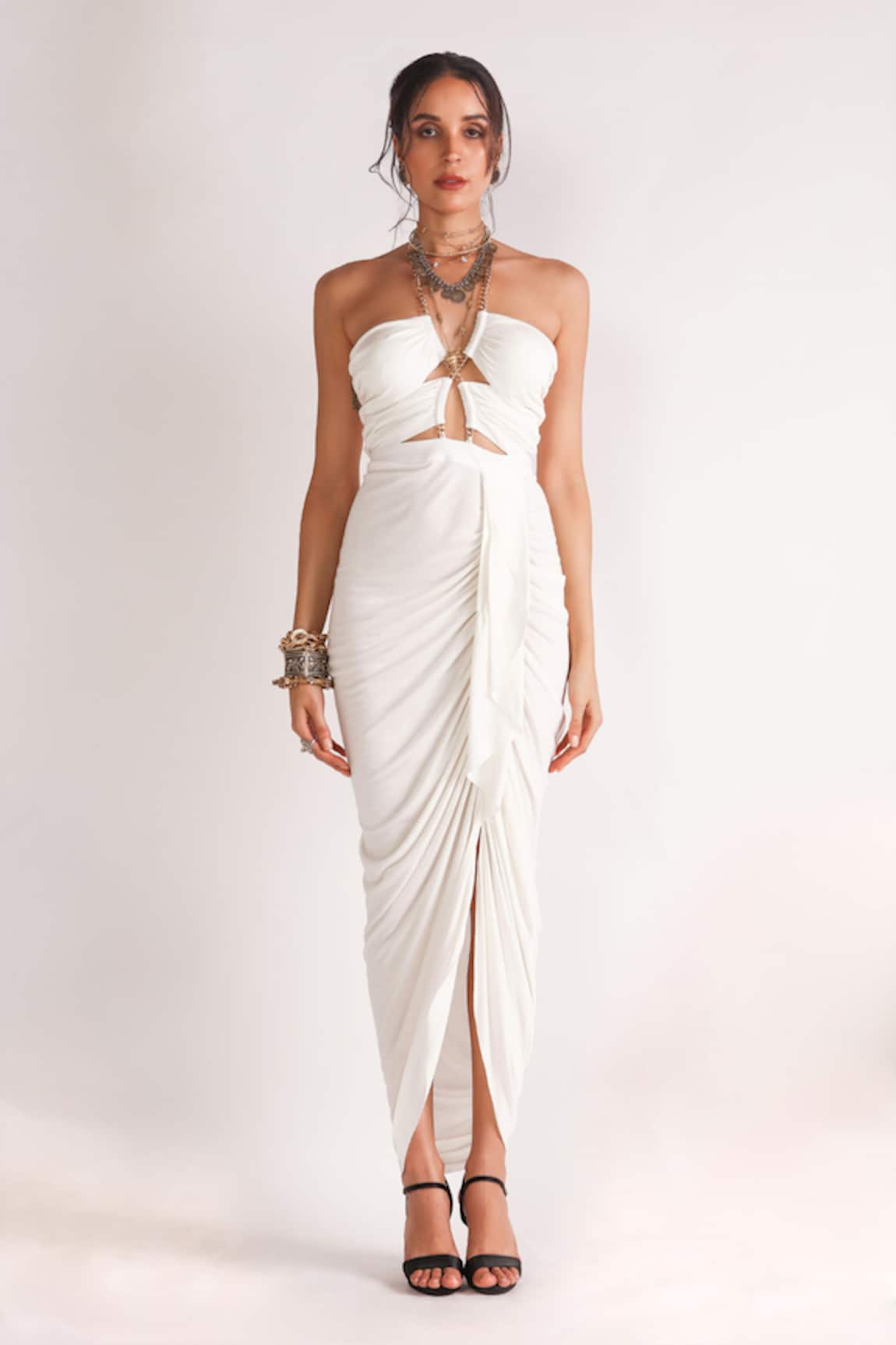 House of Three Titania Chain Halter Neck Draped Dress