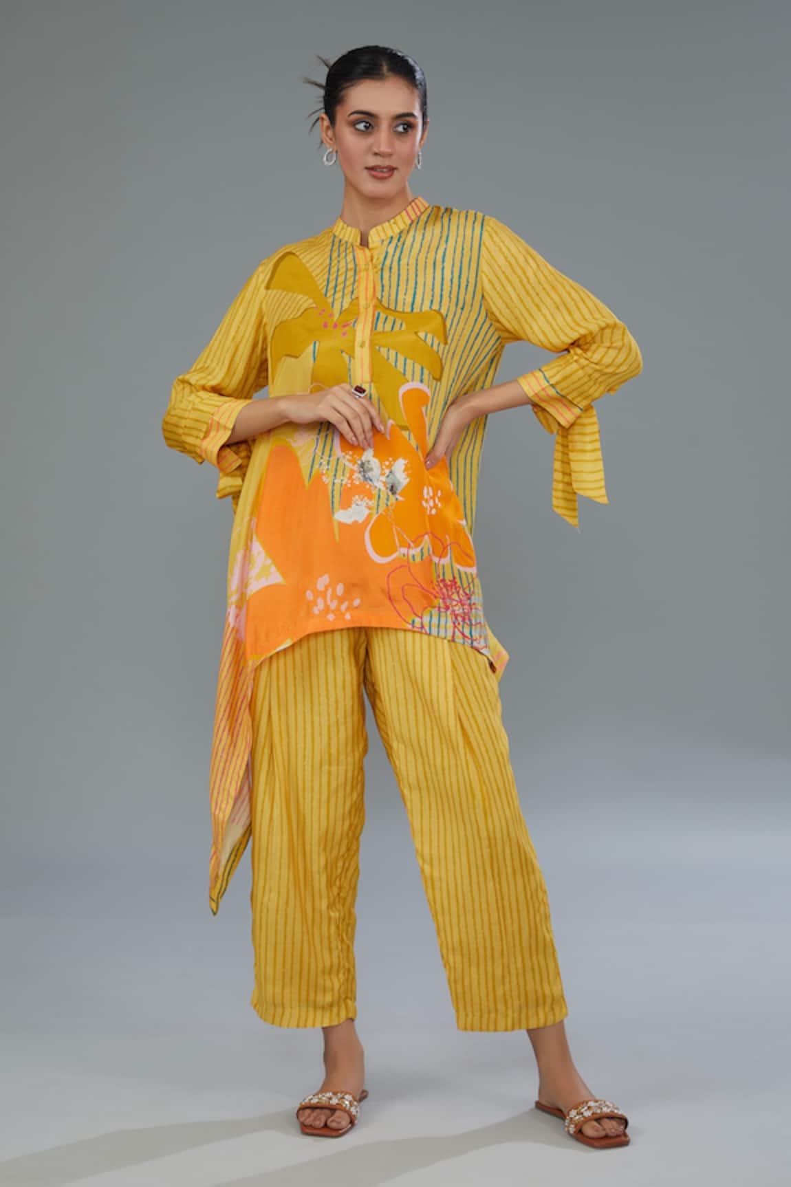Kahani Lush Stripe Floral Print Shirt Kurta & Pant Set
