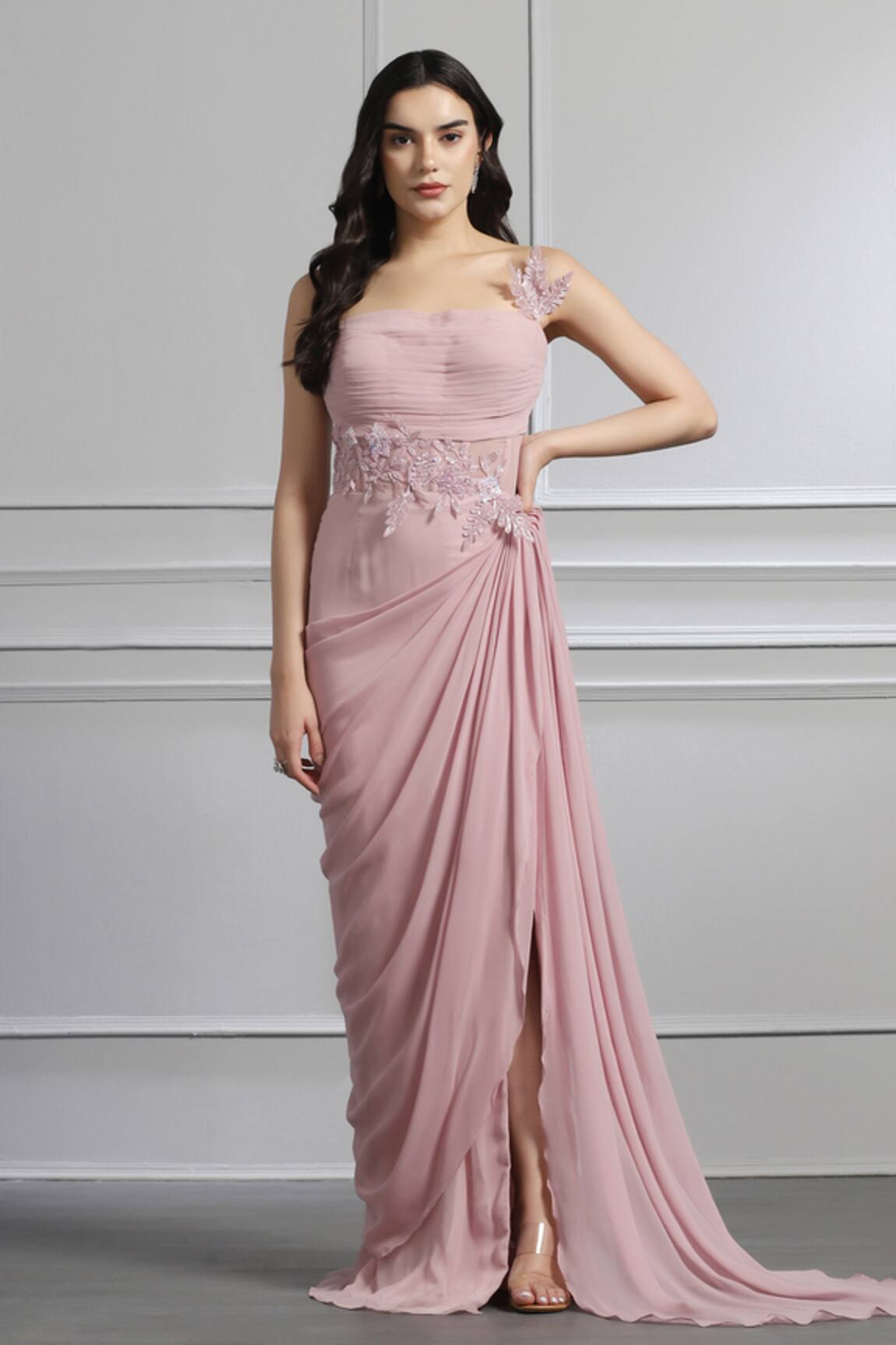 BAYA Crystallized Bloom Embellished Draped Gown