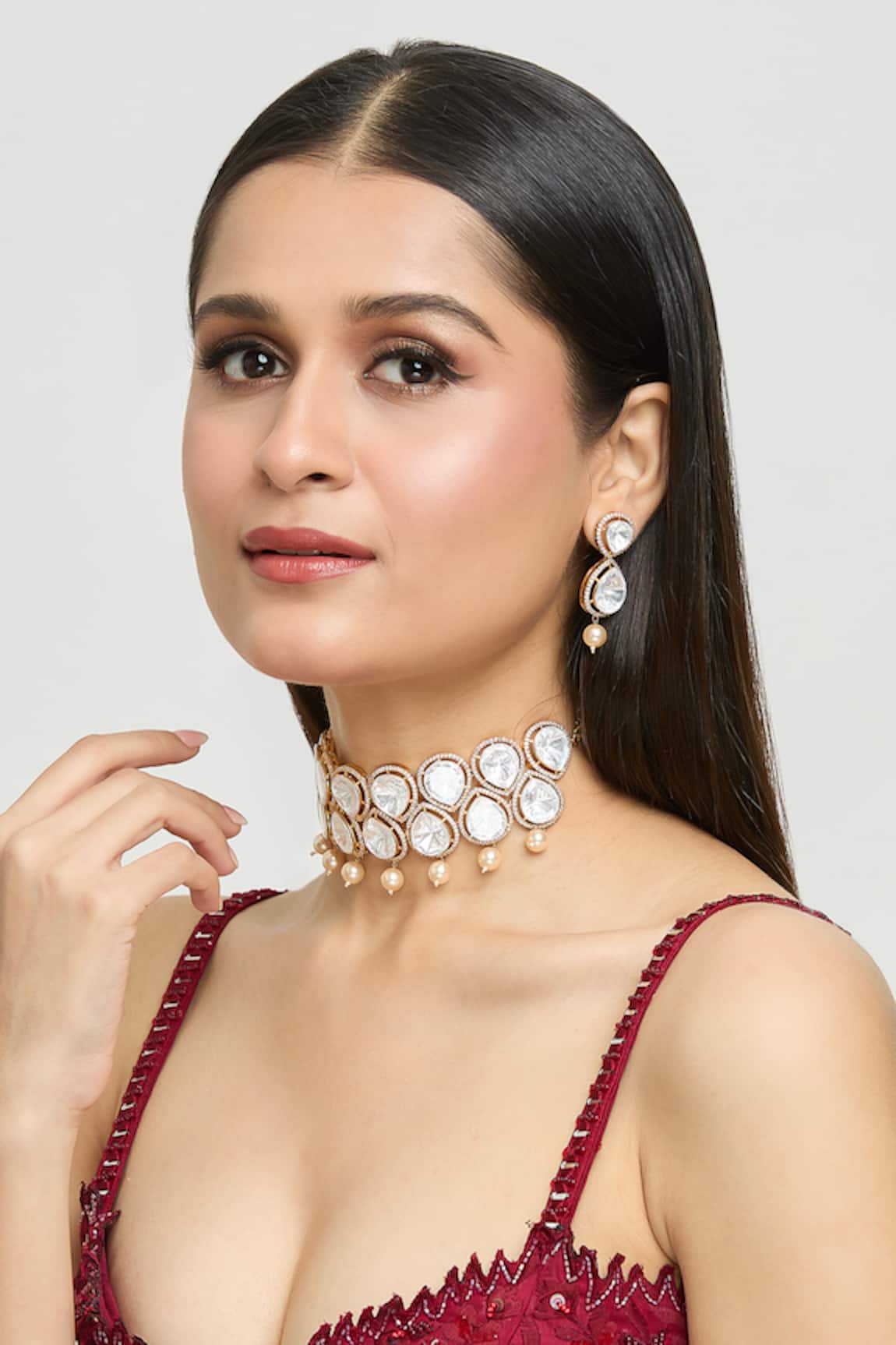 Moh-Maya by Disha Khatri Petite Drop Moissanite Kundan Pearl Choker Jewellery Set 