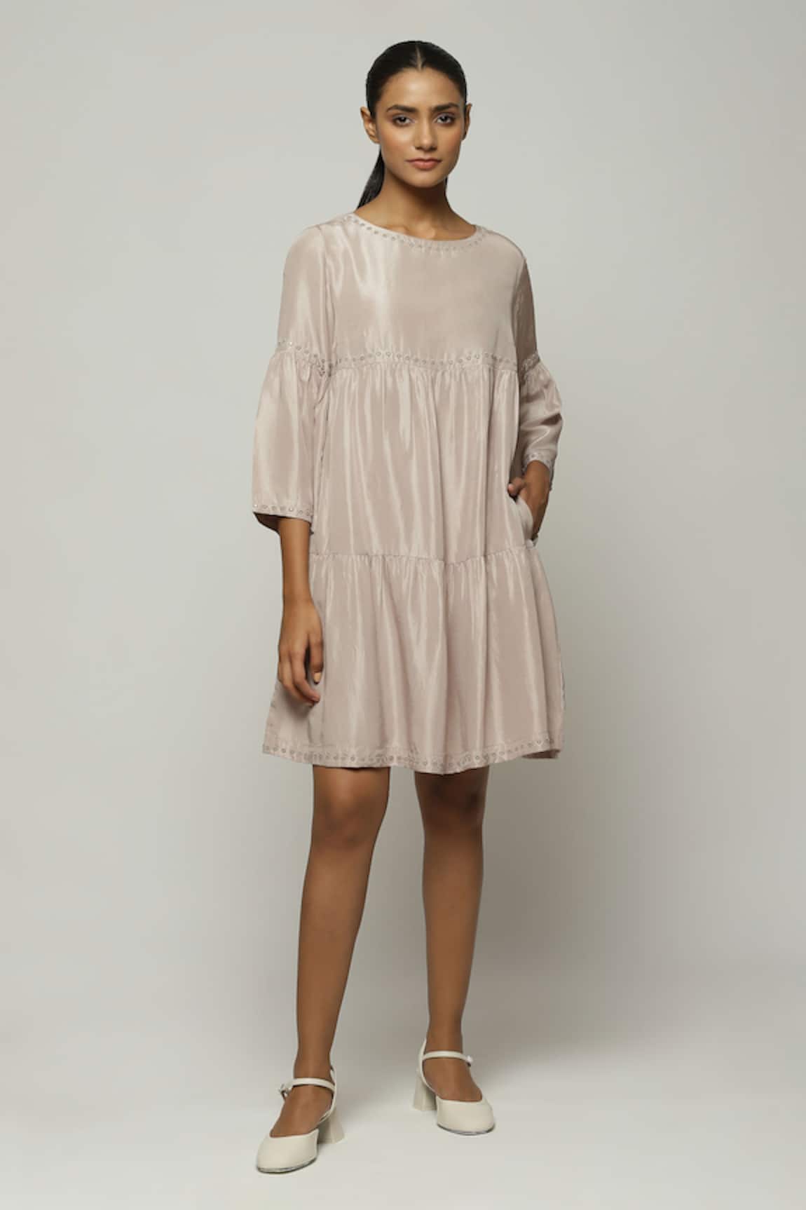 Abraham & Thakore Tiered Mirror Ring Embroidered Dress