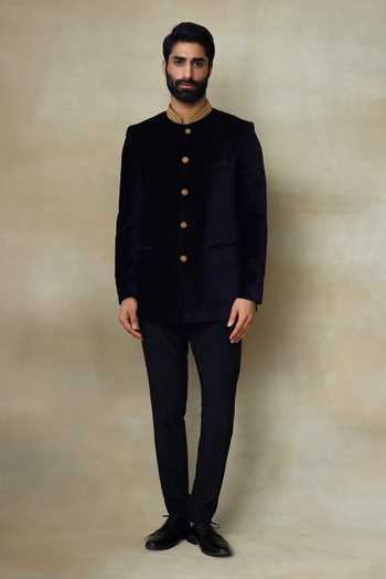 SHASHA GABA Zari Embellished Collar Silk Bandhgala