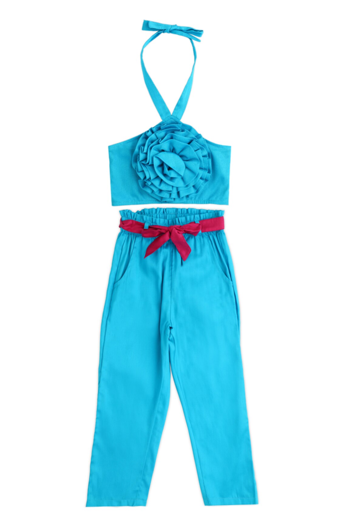 LIL DRAMA Halter Neck 3D Rose Embroidered Top & Pant Set