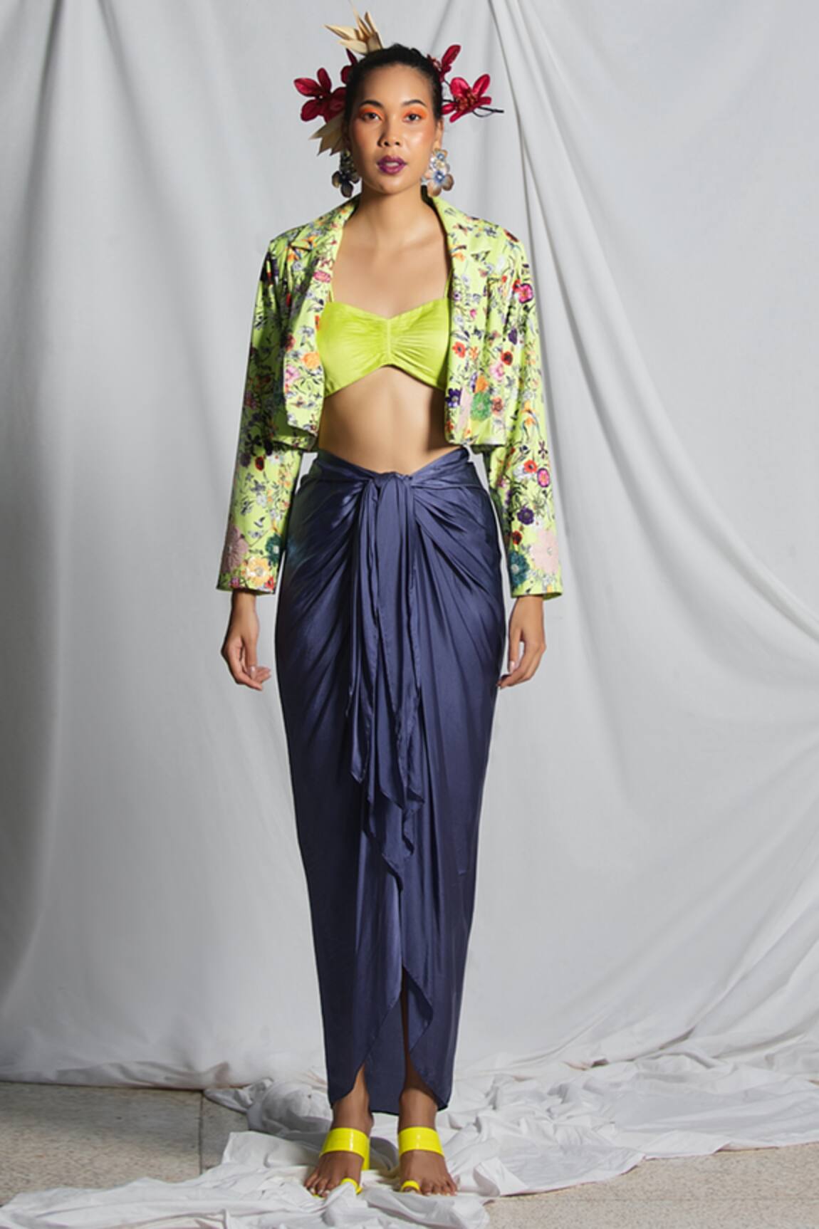 Pooja Bagaria Garden Bloom Print Crop Blazer Draped Skirt Set