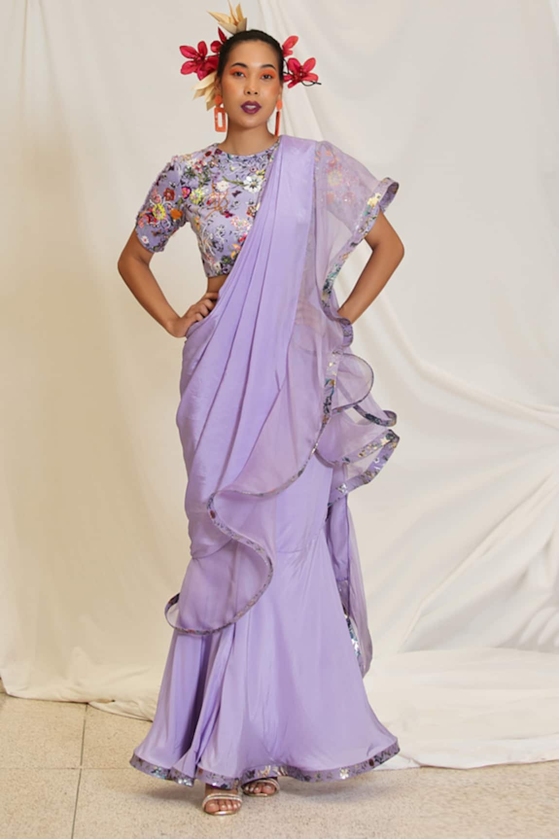 Pooja Bagaria Pre-Draped Ruffled Saree With Flowery Print Blouse