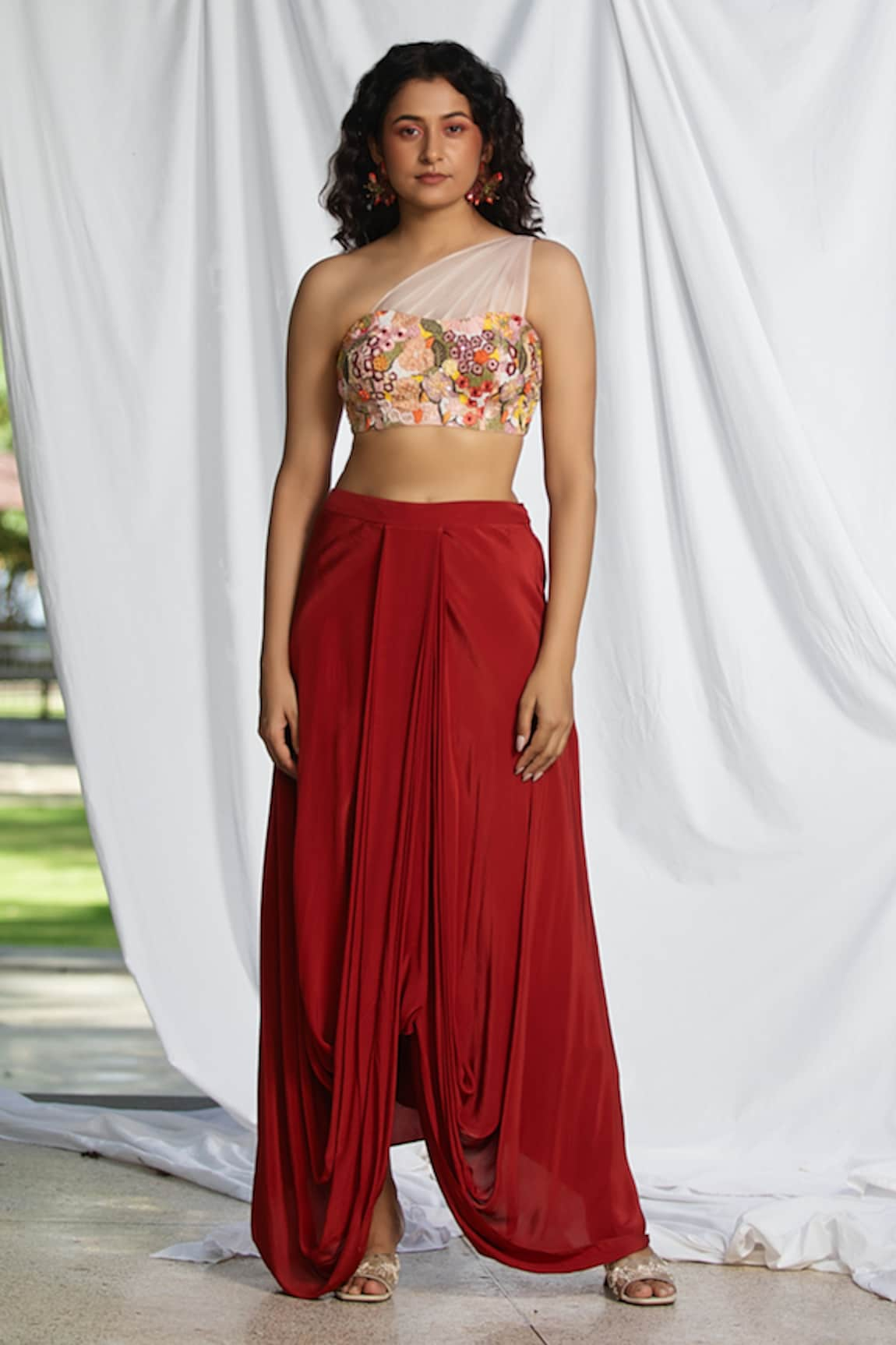 Pooja Bagaria Flora Embroidered Blouse With Draped Dhoti Skirt