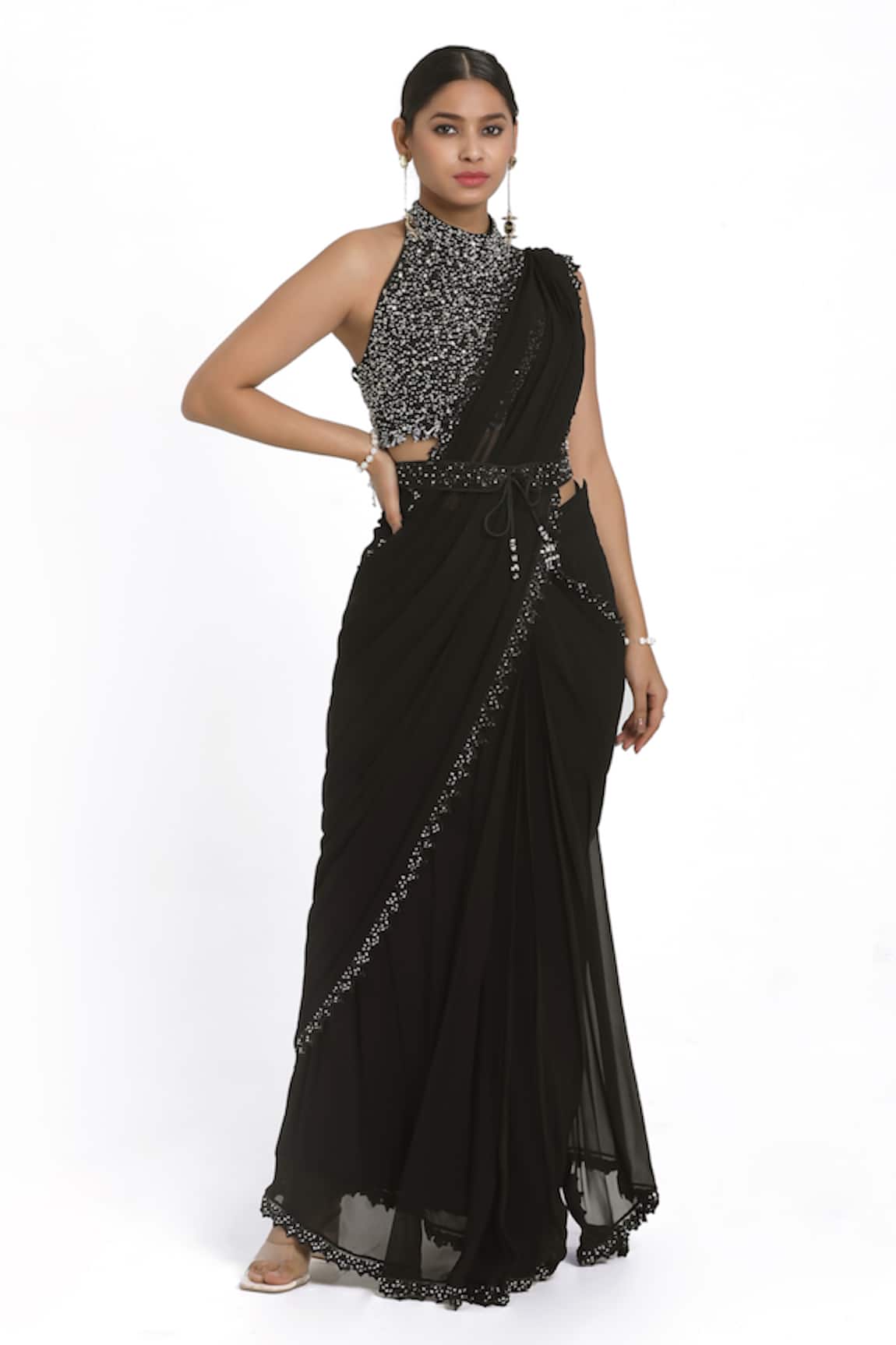 Nitisha Kashyap Official Pre-Draped Saree Set With Sequin Cluster Embroidered Blouse