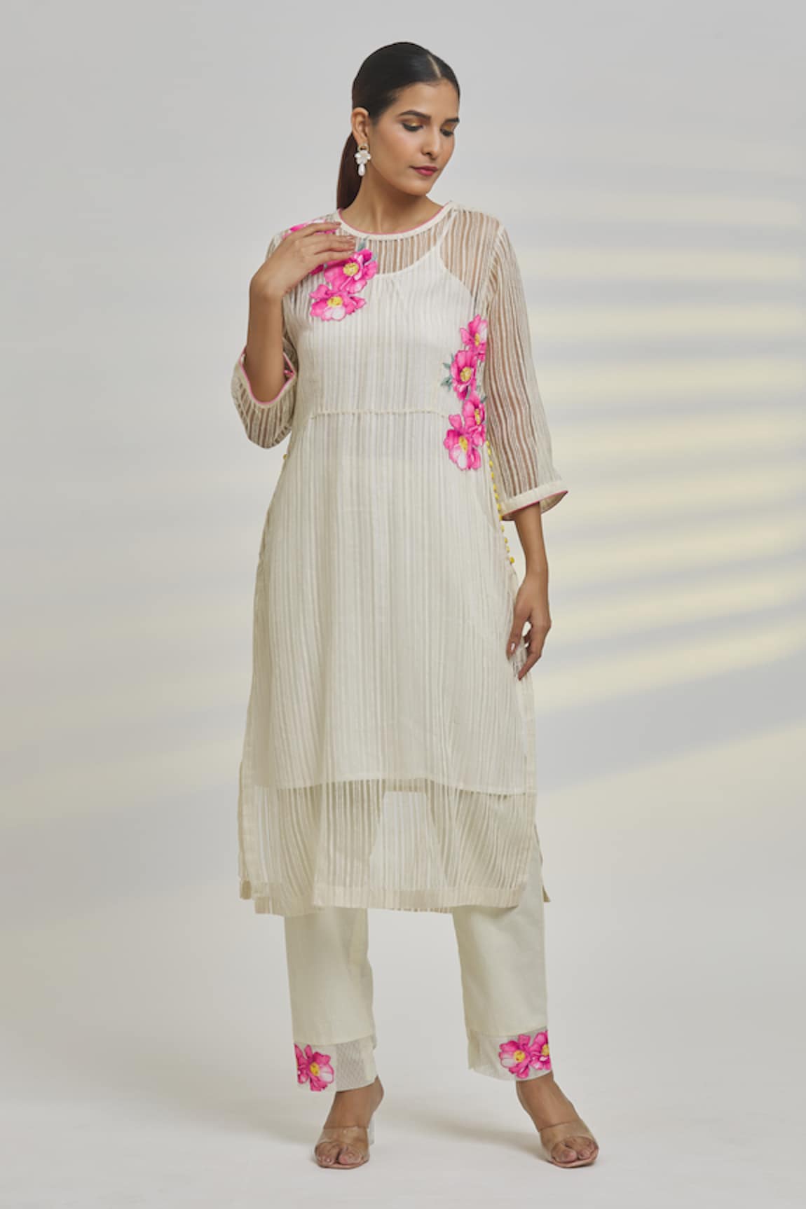 Rajat & Shraddha Floral Applique Work Striped Kurta & Pant Set