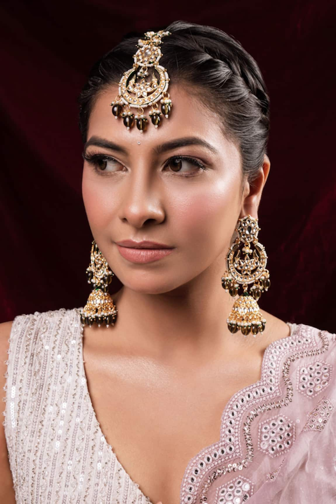 Anana Ishita Half Crescent Carved Maangtikka & Earrings Set