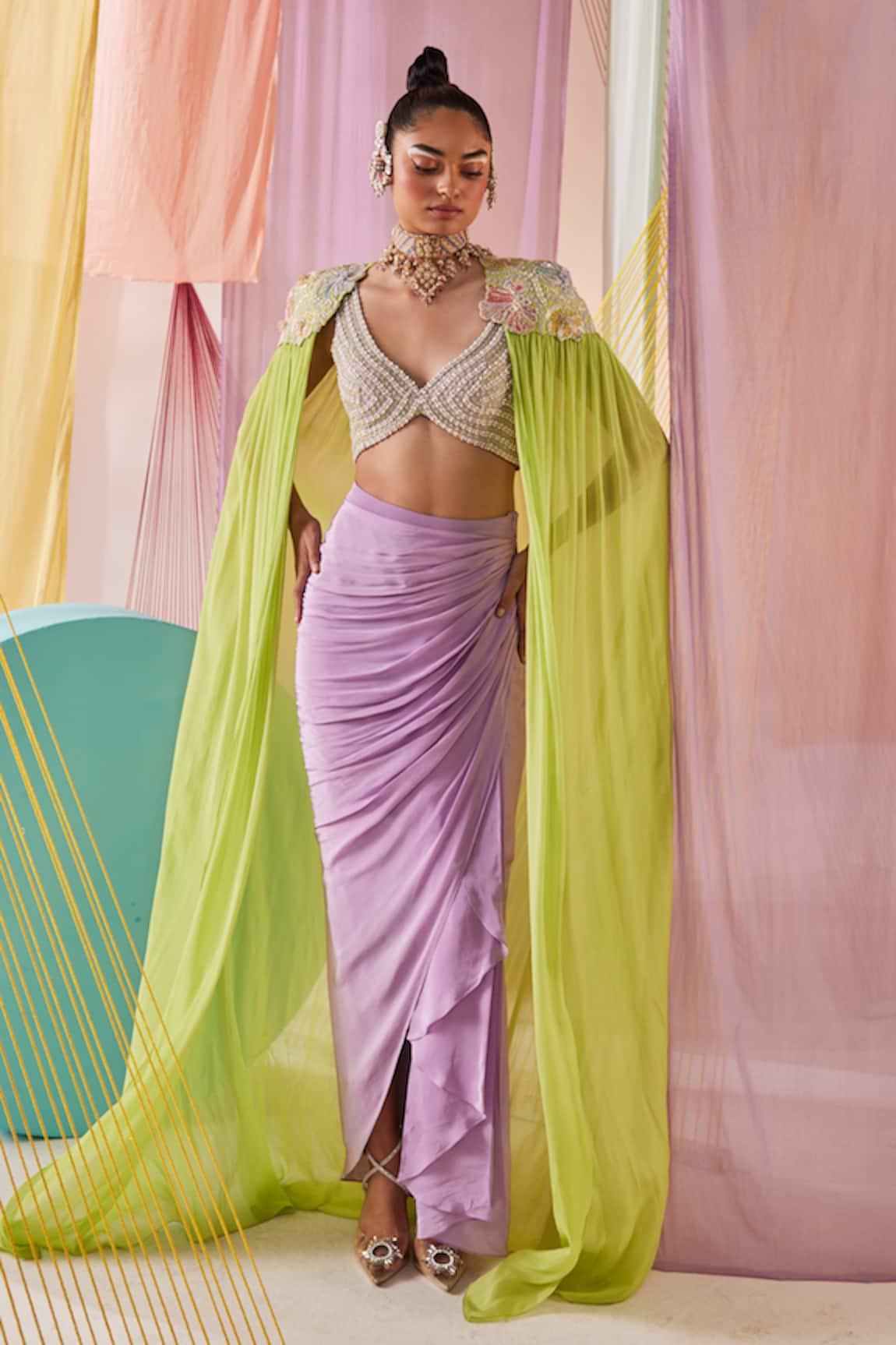Anu Pellakuru Cleopatra Glow Embroidered Cape Draped Skirt Set