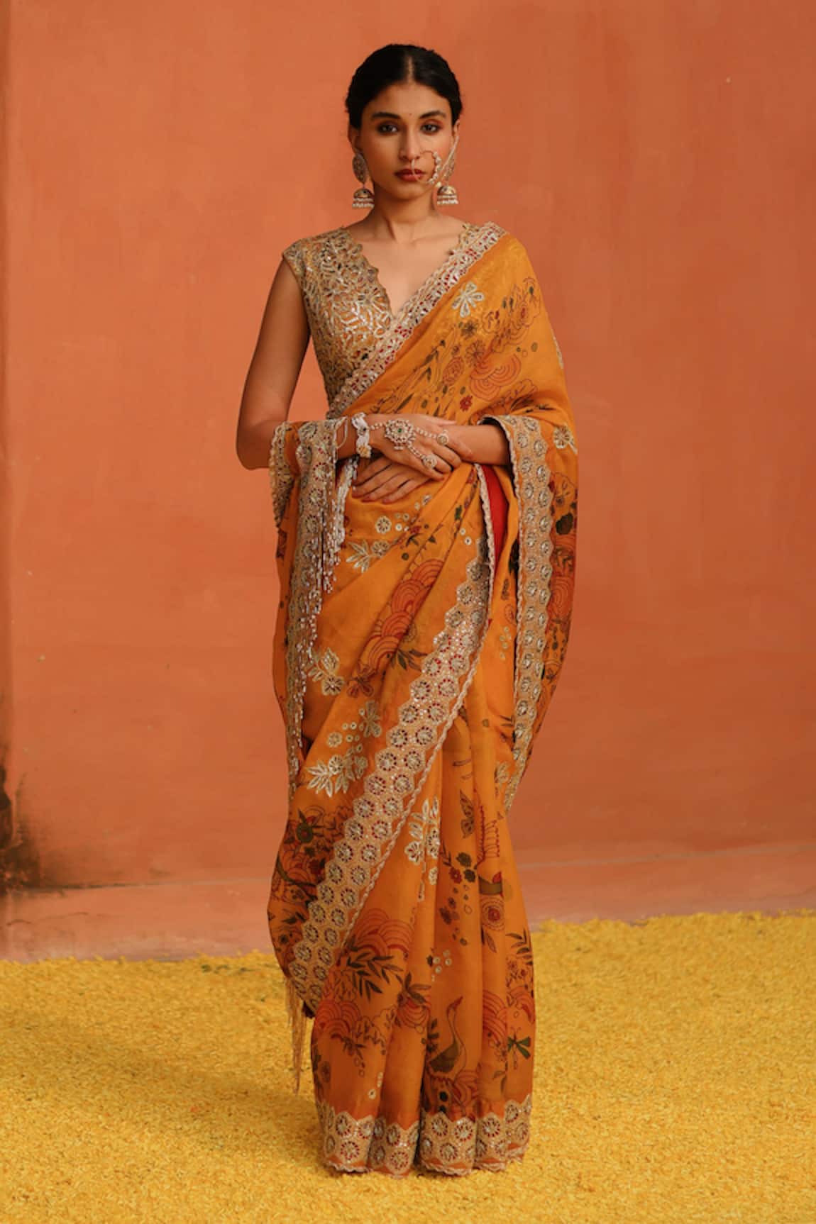 Archana Jaju Kalamkari Floral Handpainted Saree With Cutwork Blouse