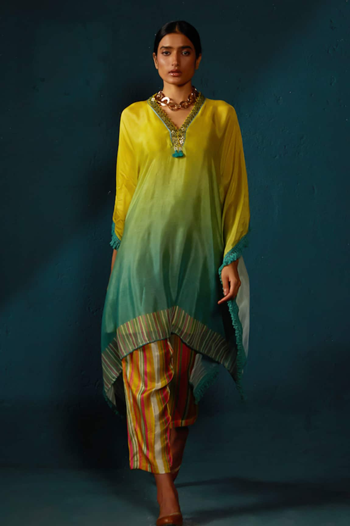 Basil Leaf Shaded Kaftan Kurta & Striped Pant Set