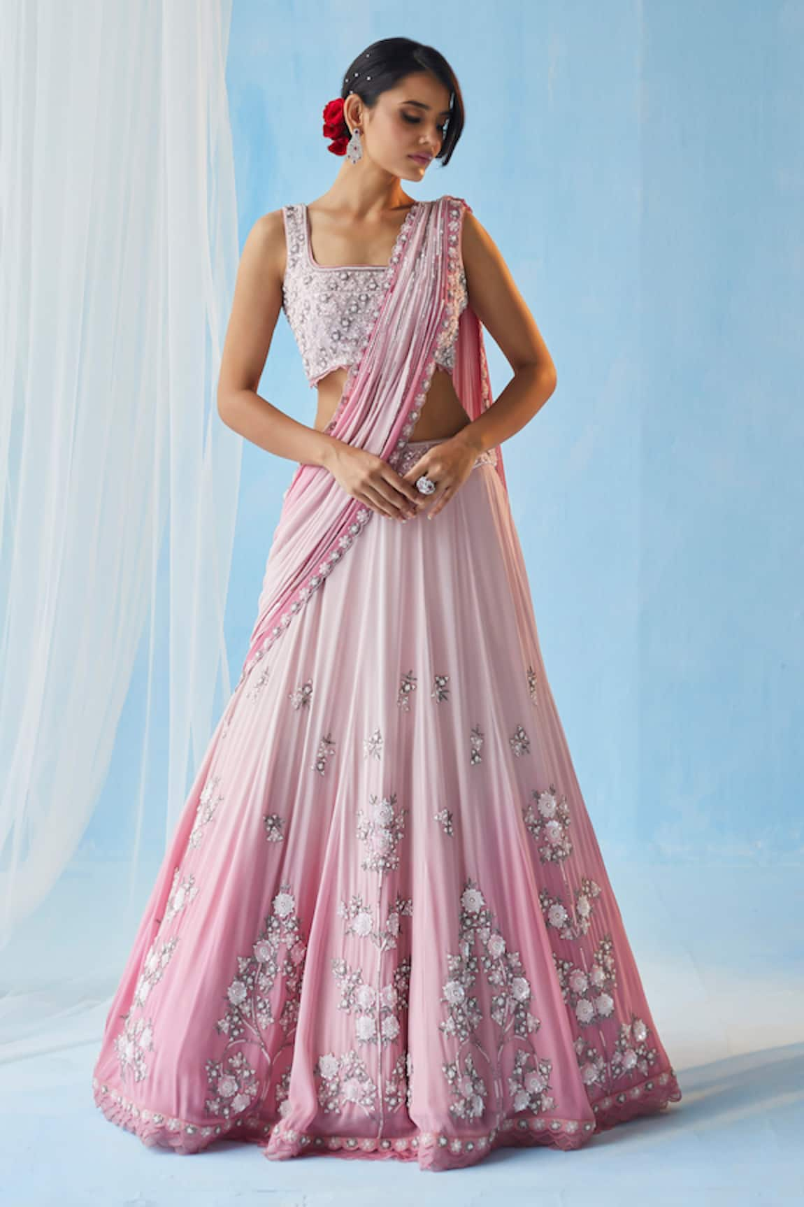 Label RSD Floral Pearl Embellished Lehenga Saree With Blouse