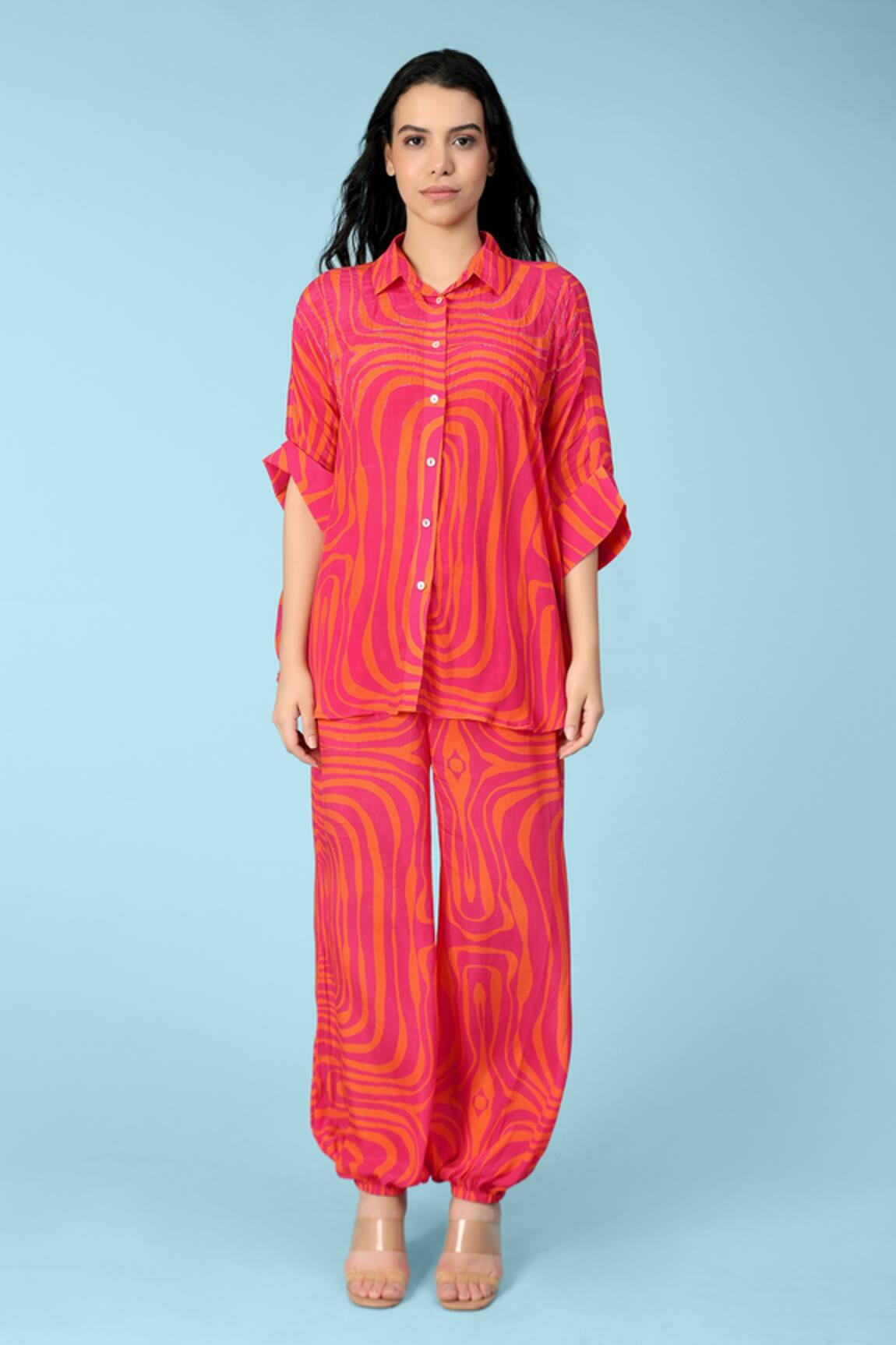 Sajeda A Lehry Athena Stripe Print Shirt & Pant Set 