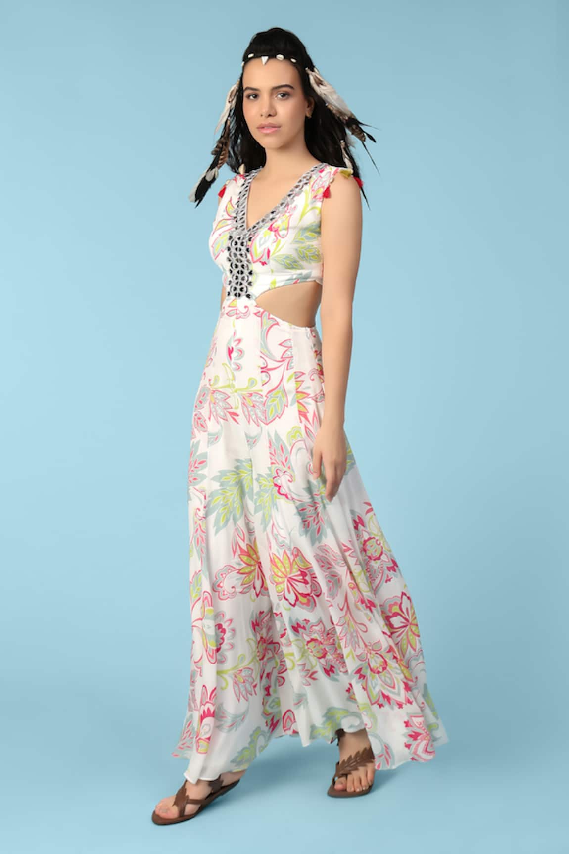 Sajeda A Lehry Olive Floral Print Flared Jumpsuit 