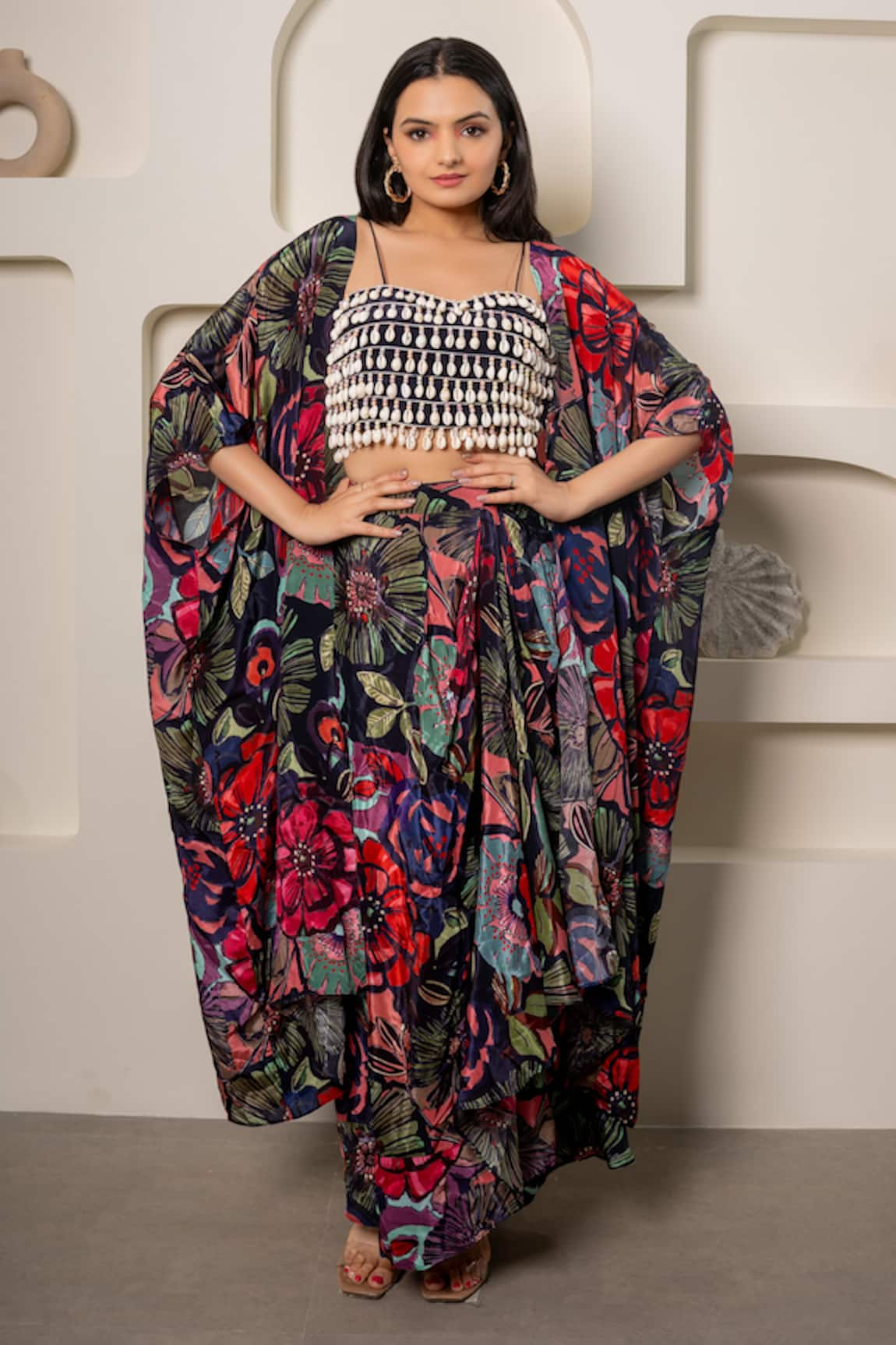 saangi by shubhangi Gardenia Print Shrug Draped Skirt Set