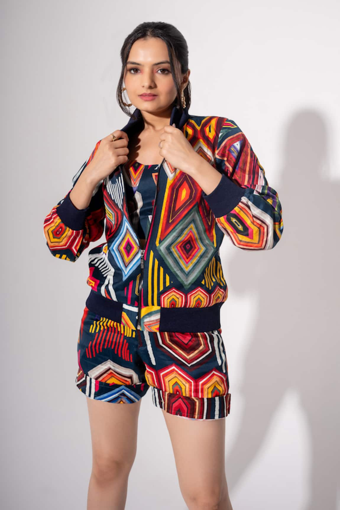 saangi by shubhangi Helix Print Bomber Jacket Shorts Set